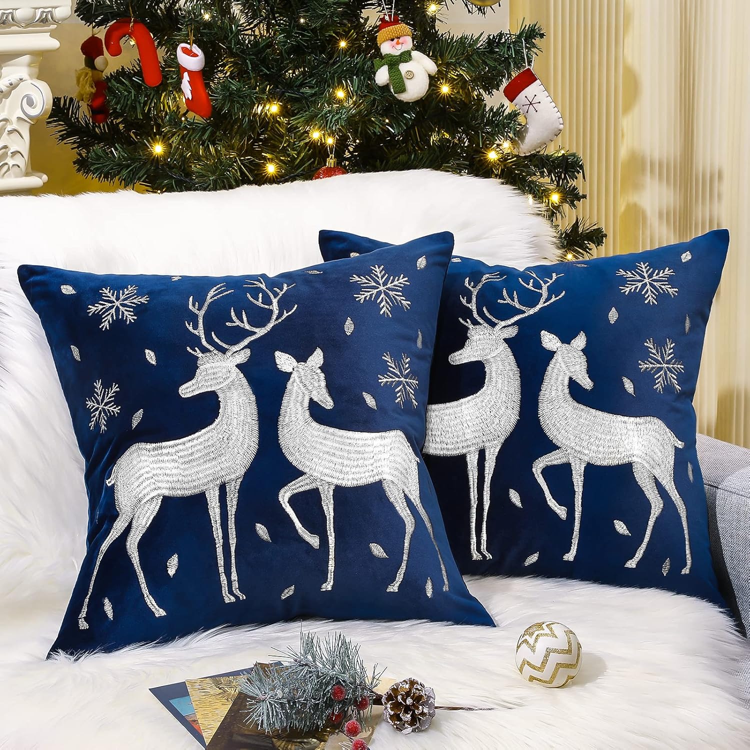 Lewondr Christmas Soft Velvet Throw Pillow Cover, 2 Pack White Deer Snowflake Embroidery Decorative Throw Pillow Case Luxury Sofa Cushion Cover for Home Christmas Decoration 20"x20"(50x50cm),Navy Blue