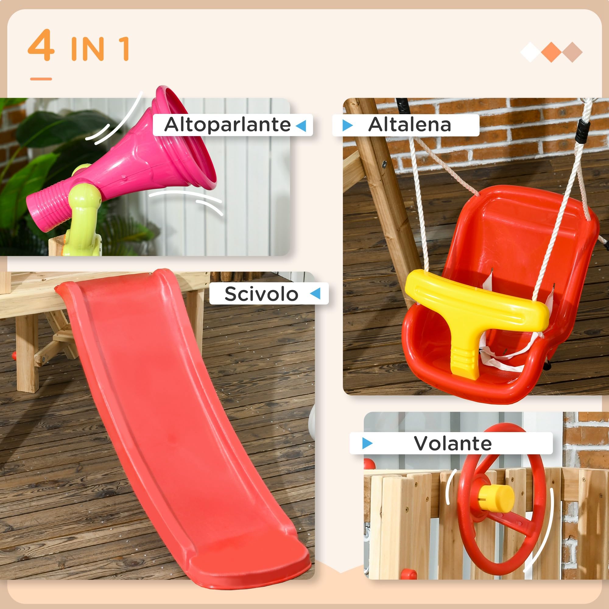 Outsunny Set 4 in 1 con Scivolo, Altalena da Giardino, Volante e Corno Sonoro, Giochi da Esterno per Bambini Età 18-48 Mesi, Struttura in Legno e Plastica, Rosso