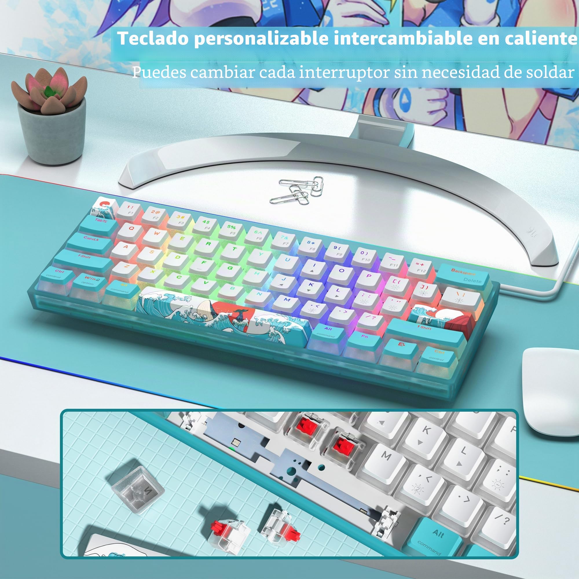 Womier Teclado mecánico WK61 V2 con Cable RGB para Juegos, Teclado cremoso Intercambiable en Caliente con Teclas PBT, Interruptor Rojo Lineal para Windows/Mac (Azul)