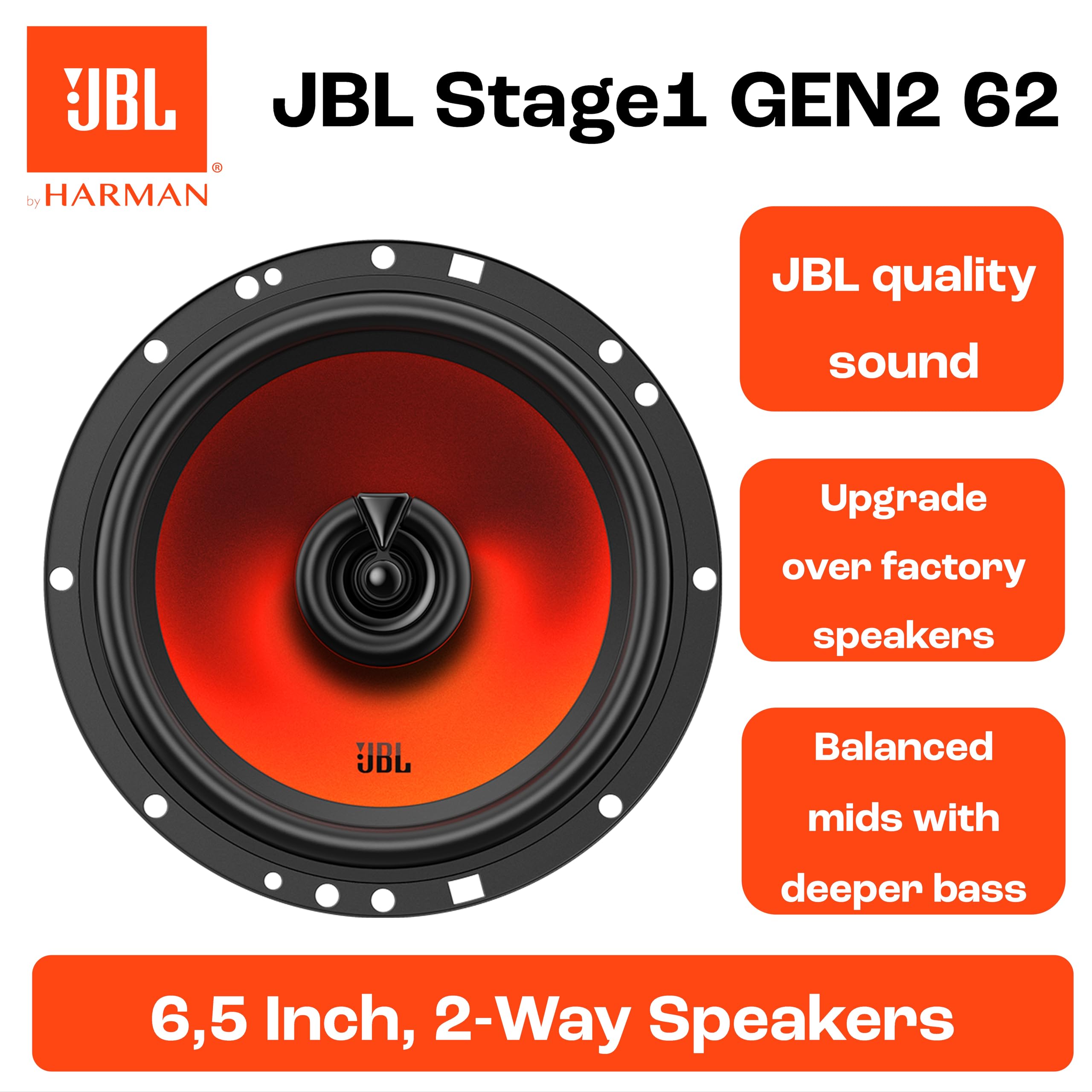 JBL Stage1 GEN2 62 – 6,5 cala (165 mm) 2-Way Coaxial Car Speakers – 50 W RMS – 220 W Peak – OEM Fit – z grilles – Car Audio Upgrade – High Sensitivity – Easy Install – Zestaw 2 audio