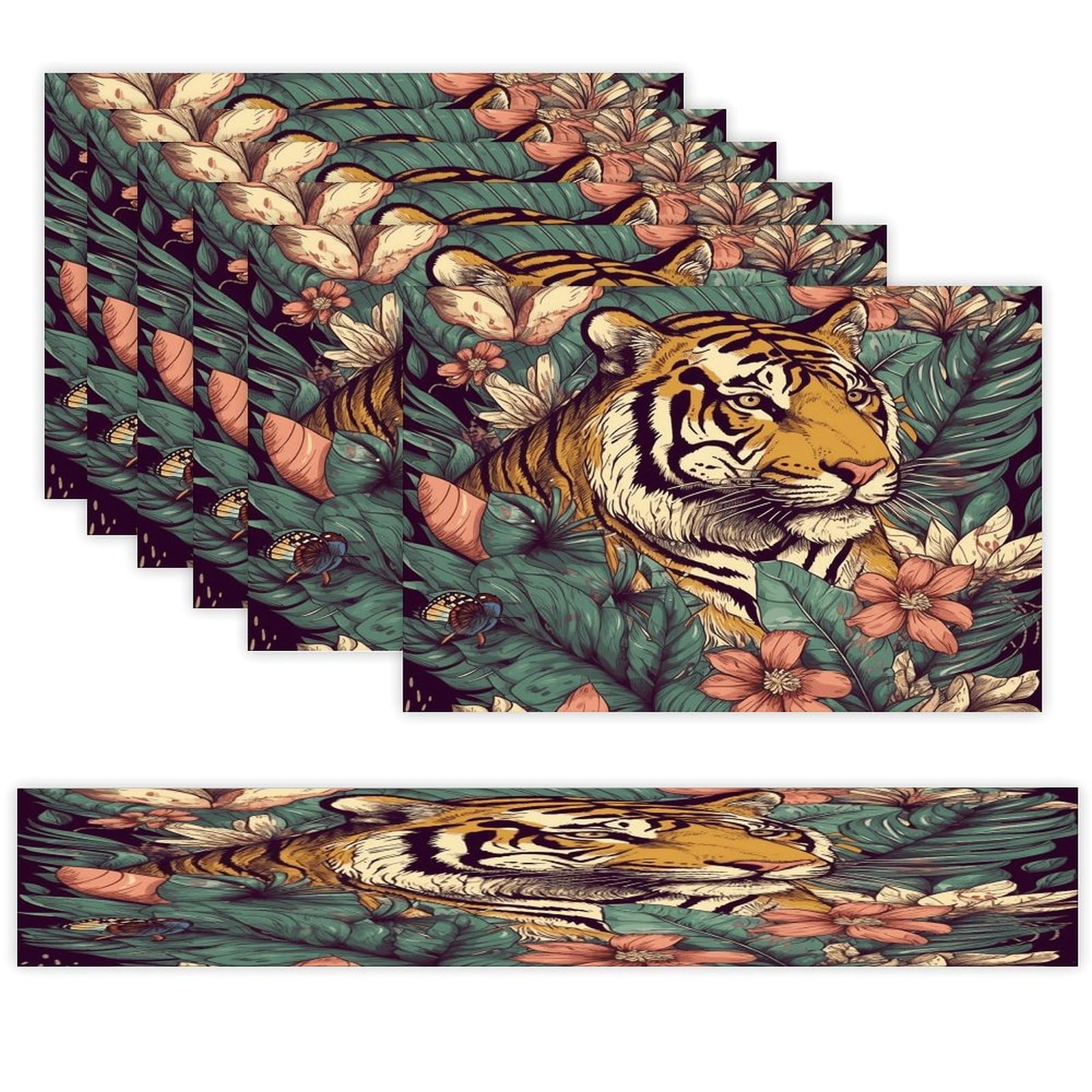 Tropical Tiger Table Runner and Placemats of 6 Washable Heat Resistant Place Mats with Table Runner Vintage Holiday Table Mat Set for Holiday Party Kitchen Dining Deco