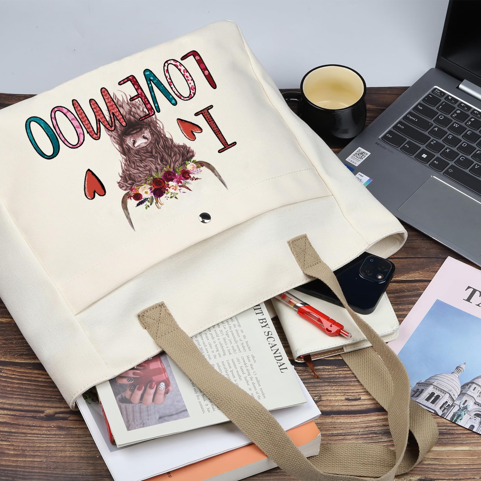 PLITI Highland Cow Tote Bag Highland Cow Lover Gift I Love Moo For Scottish Highland Cow Fan Gift Cowgirl Gift Cow Farmer (I Love Moo TBU) - Image 3