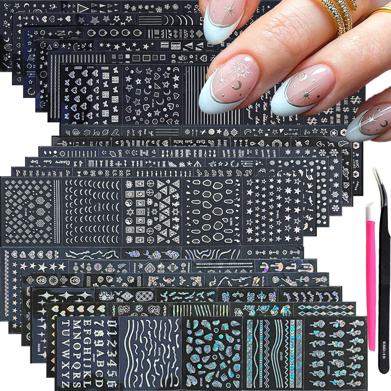 90 Sheets Silver Nail Art Stickers 3D Self-Adhesive Silver Star Moon Nail Decals French Line Nail Stickers Flower Heart Nail Supplies Nail Art Design