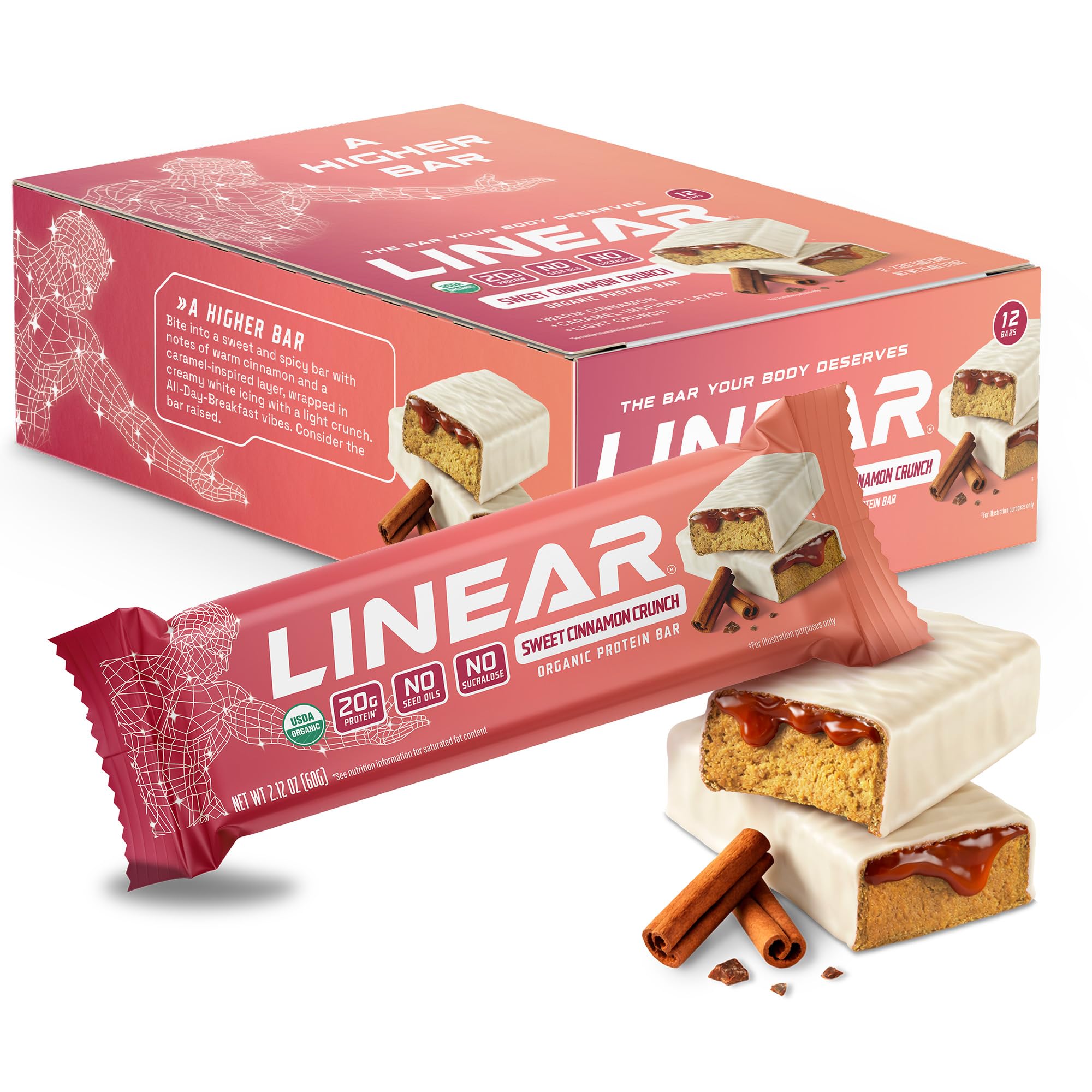 Linear Bar Sweet Cinnamon 20g Protein Bars | USDA Organic | 12 Pack | No Seed Oils, No Su…