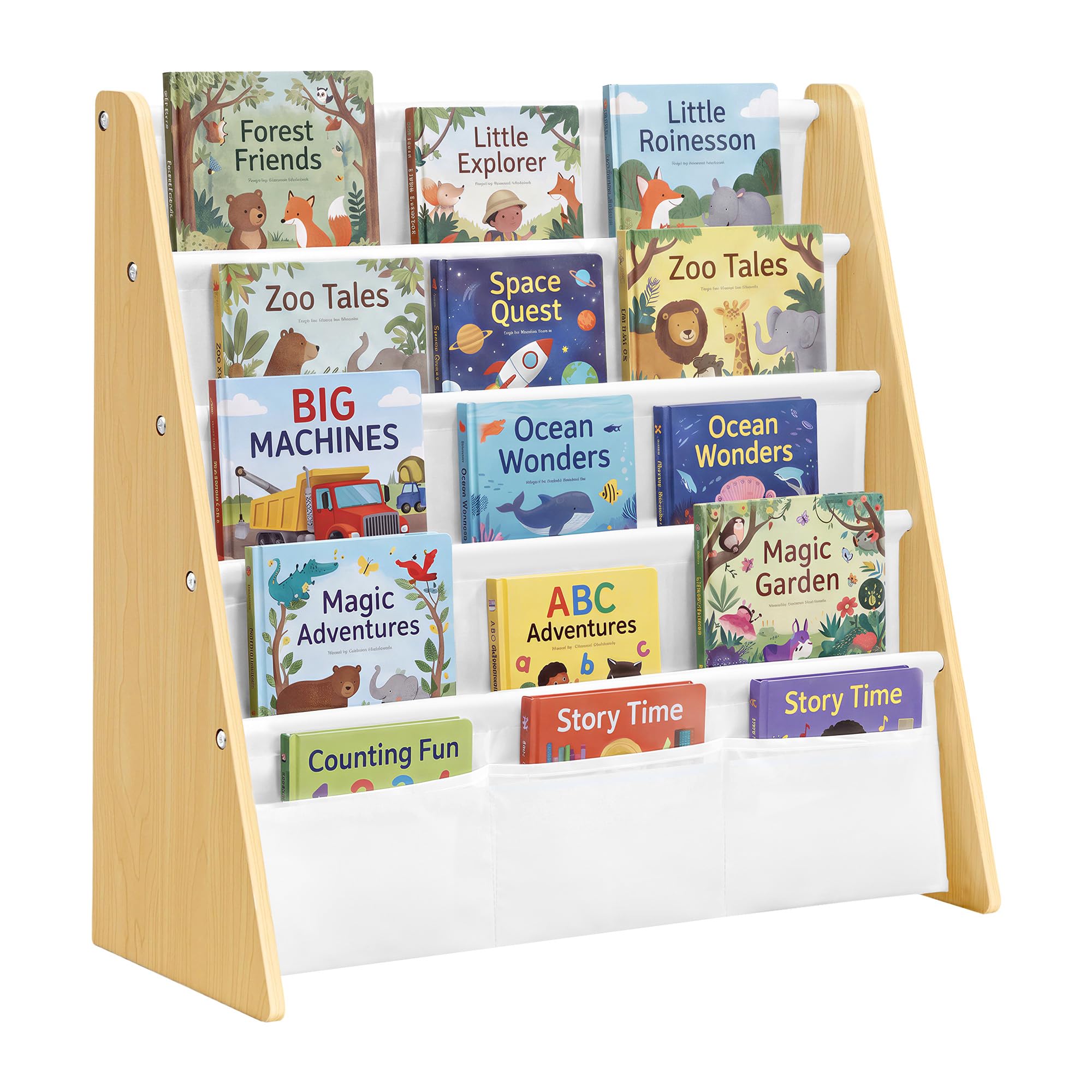 SONGMICS Kids Bookshelf, 4-Tier Toddler Bookcase, 24.6 x 9.8 x 23.6 Inch | Montessori Book display Rack, Child-Friendly Fabric Organizer for Playroom, White, TEZA Collection UGKR079WB01