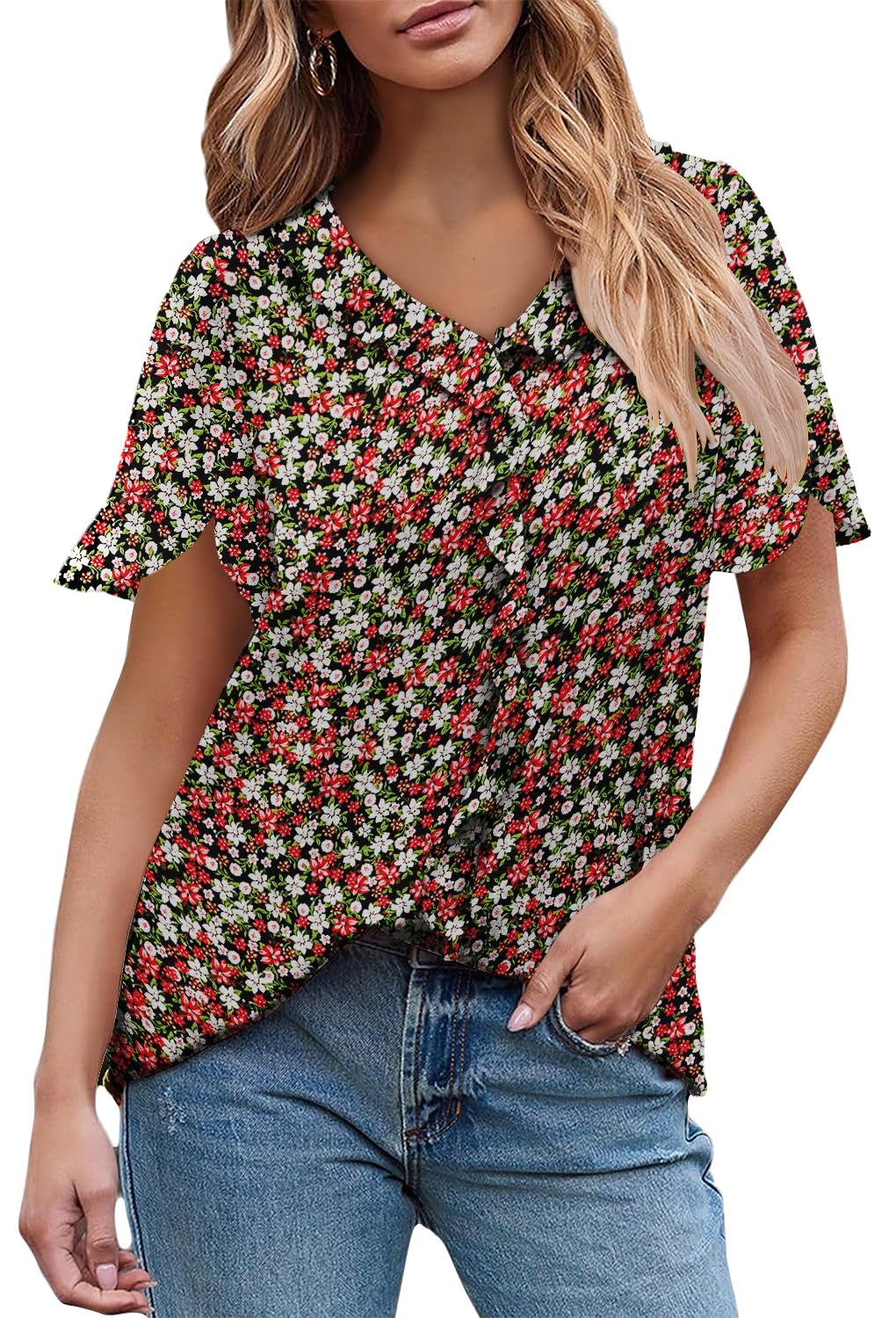 onlypuff Womens Short Sleeve Tunic Tops V Neck T-Shirt Ruffle Fashion Summer Blouse Shirts