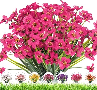 Artificial Outdoor Flowers,8 Bundles UV Resistant Fake Flowers,Artificial Violet Flower Plastic Faux Greenery Plants for Outdoor Garden Porch Window Box DecorationRose Red