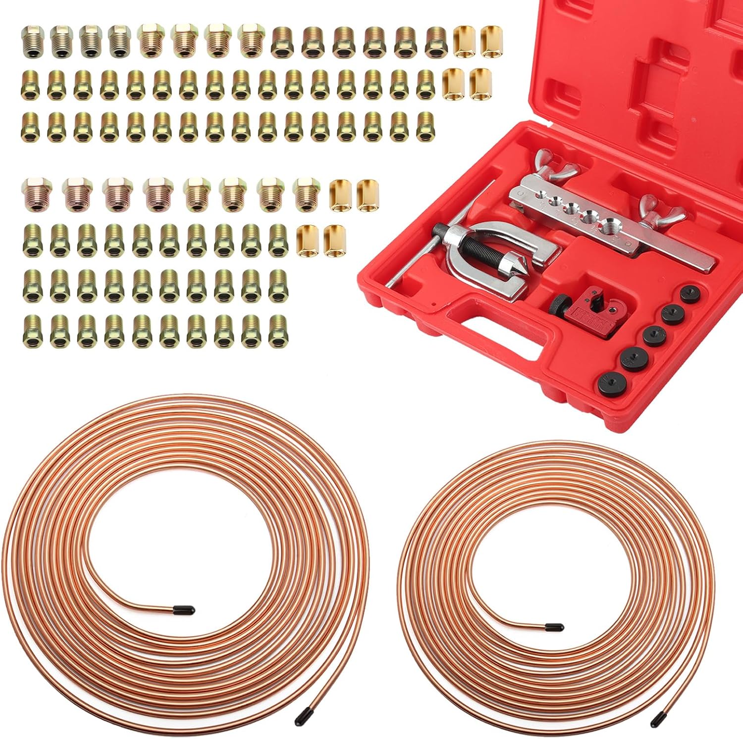 25Ft 1/4" and 3/16" Brake Line Kit,Single & Double Brake Line Flaring Tool Kit with 100 Inverted Fittings and Brakes Flare Tool Kits,Copper Plated Brakes Lines Repair Kits (100PCS Tools)