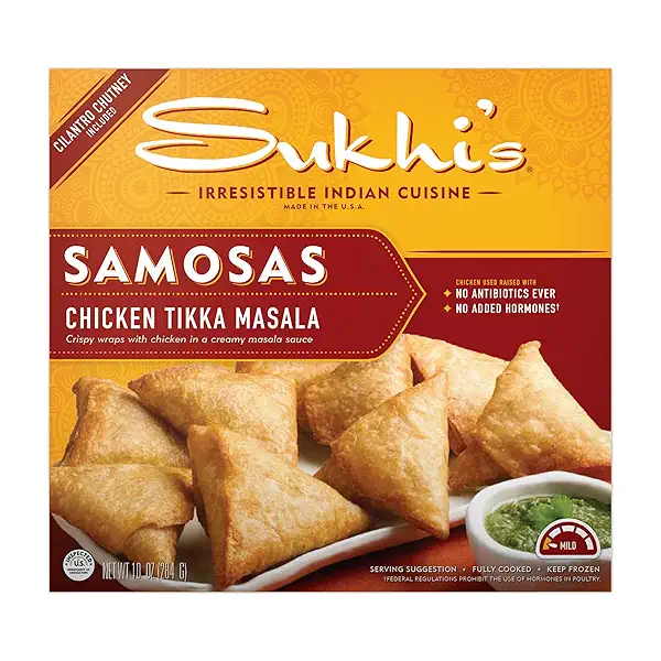 Sukhi's Indian Chicken Tikka Masala Samosa Frozen Appetizer Snack with Cilantro Chutney Dipping Sauce 10oz 1