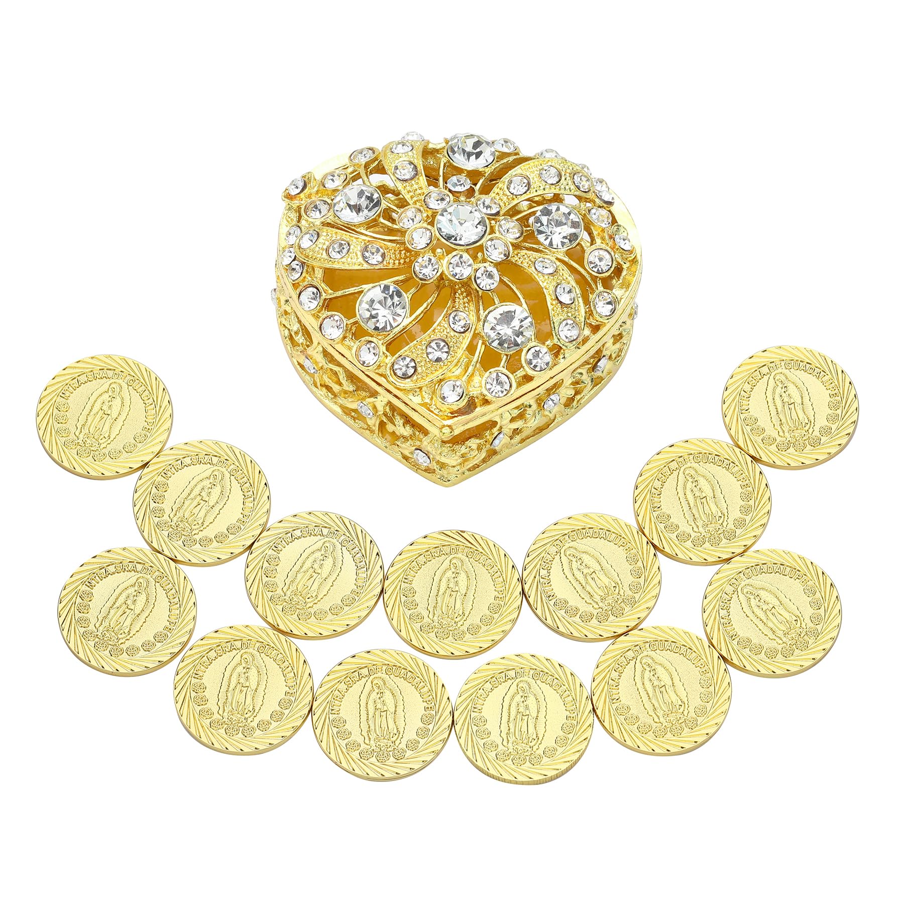 TINGKU TINGKU Arras mexicanas de oro para boda católica, Arras de Boda Cristiana, Nuestra Señora de Guadalupe Monedas Decoración de Boda, accesorios de boda para ceremonia con caja de corazón