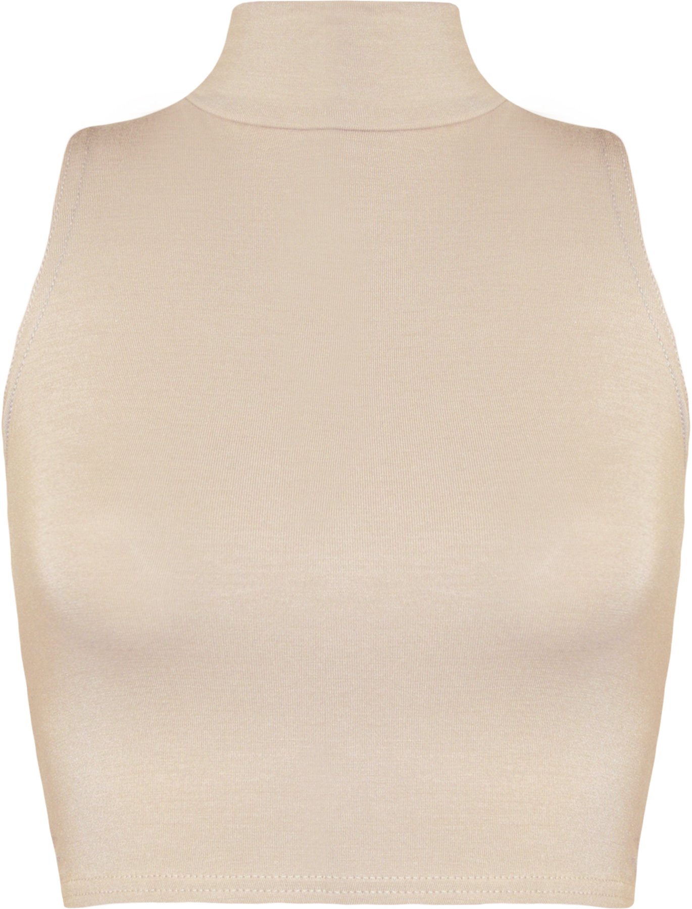 WearAll Womens Turtle Neck Crop Ladies Short Plain Sleeveless Polo Look Vest Top - Stone - 12/14