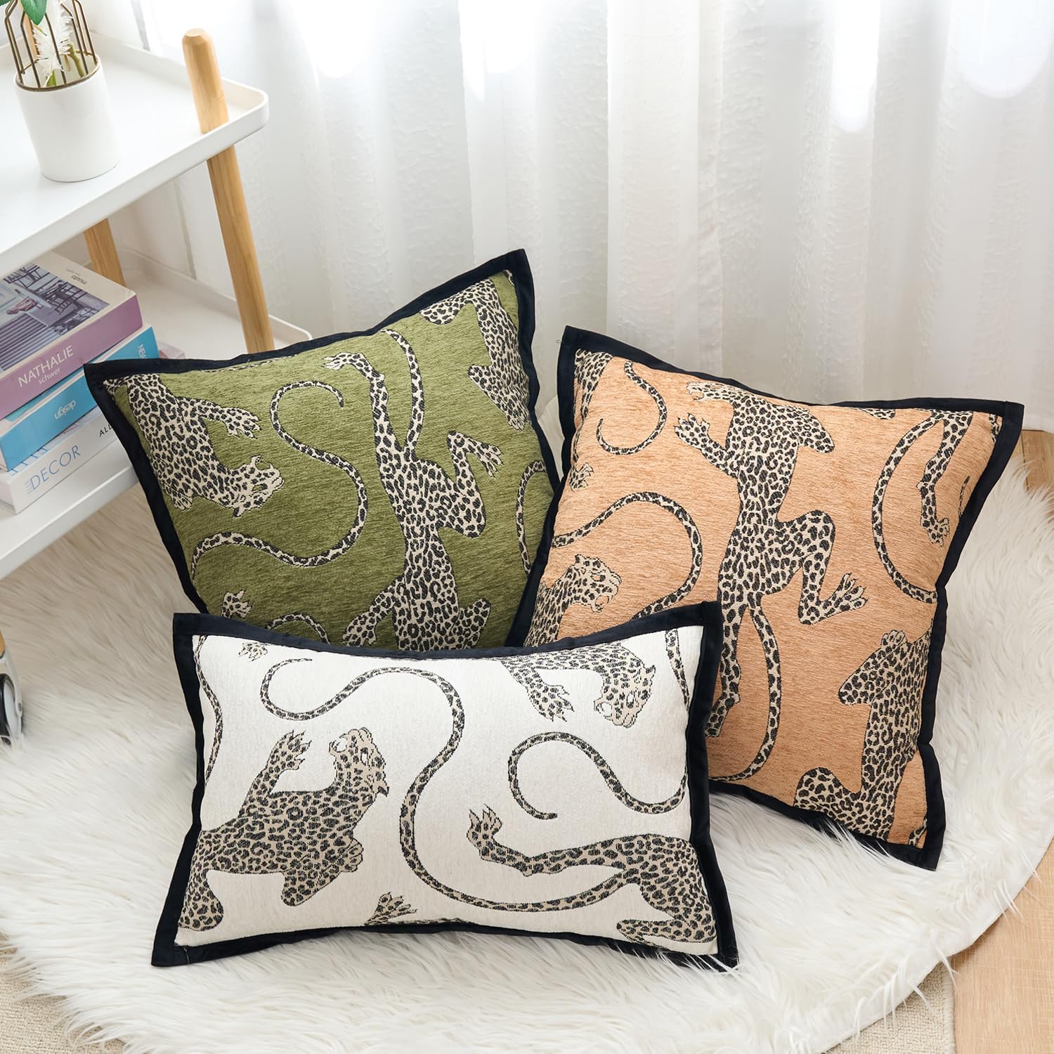 Premium Series, Snow Leopard Throw Pillow Covers, Animal Jacquard Cushion Cases for Home Decor, Chenille Velvet Double-Sided Designs, Cream White, 20 x 20 inch, Covers Only
