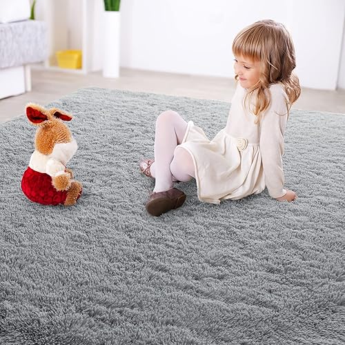 Miniatura 7 de junovo Alfombras de área ultra suaves de 5 x 8 pies, alfombras grises esponjosas para dormitorio y alfombra gris ovalada lanuda de 2.6 x 5.3 pies