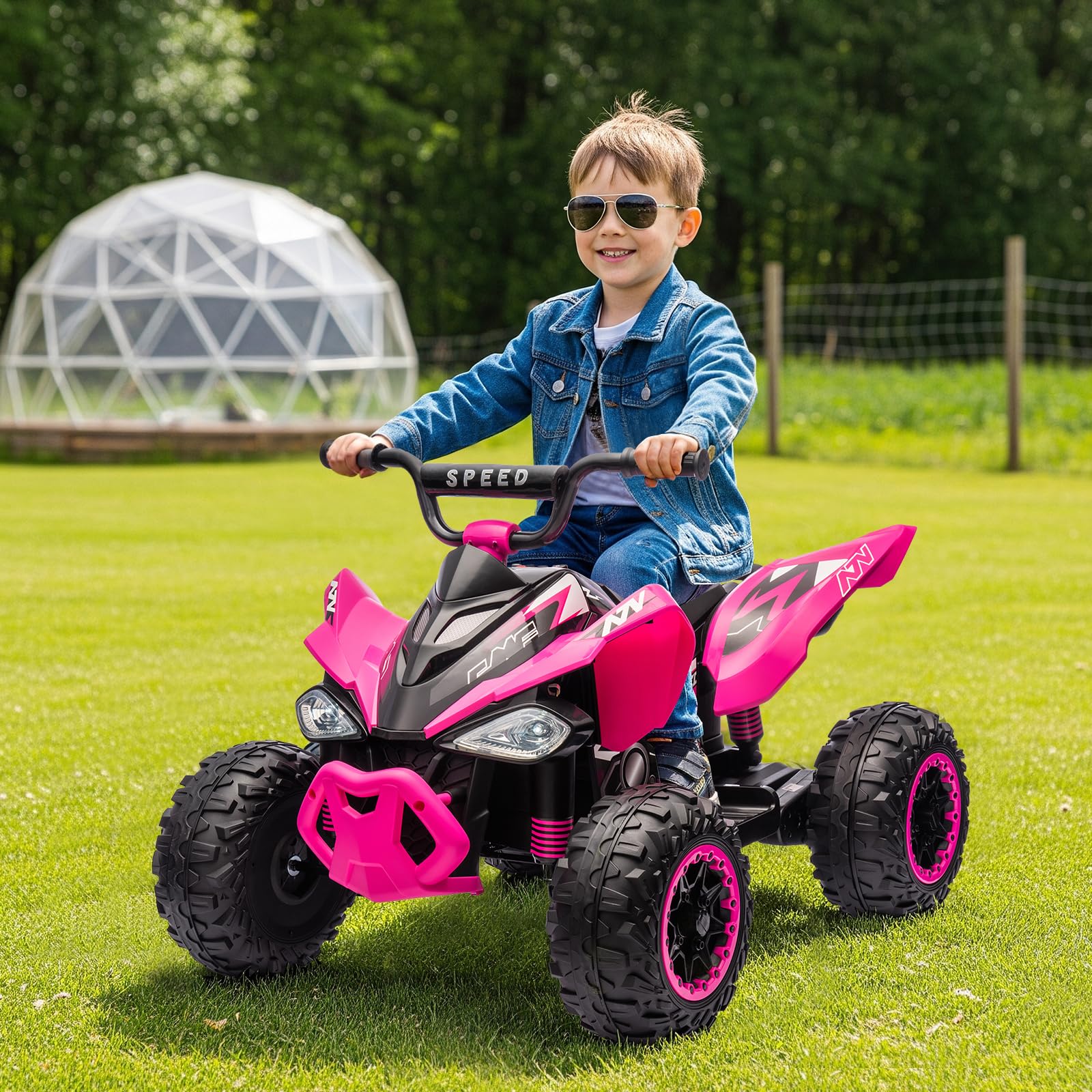 LALAHO Quad Elettrico per Bambini 12V ATV con Doppi Motori, Veicolo per bambini con fari LED, musica e clacson, auto elettrica con 4 ruote antiscivolo, per bambini dai 3 agli 5 anni (Rosa)