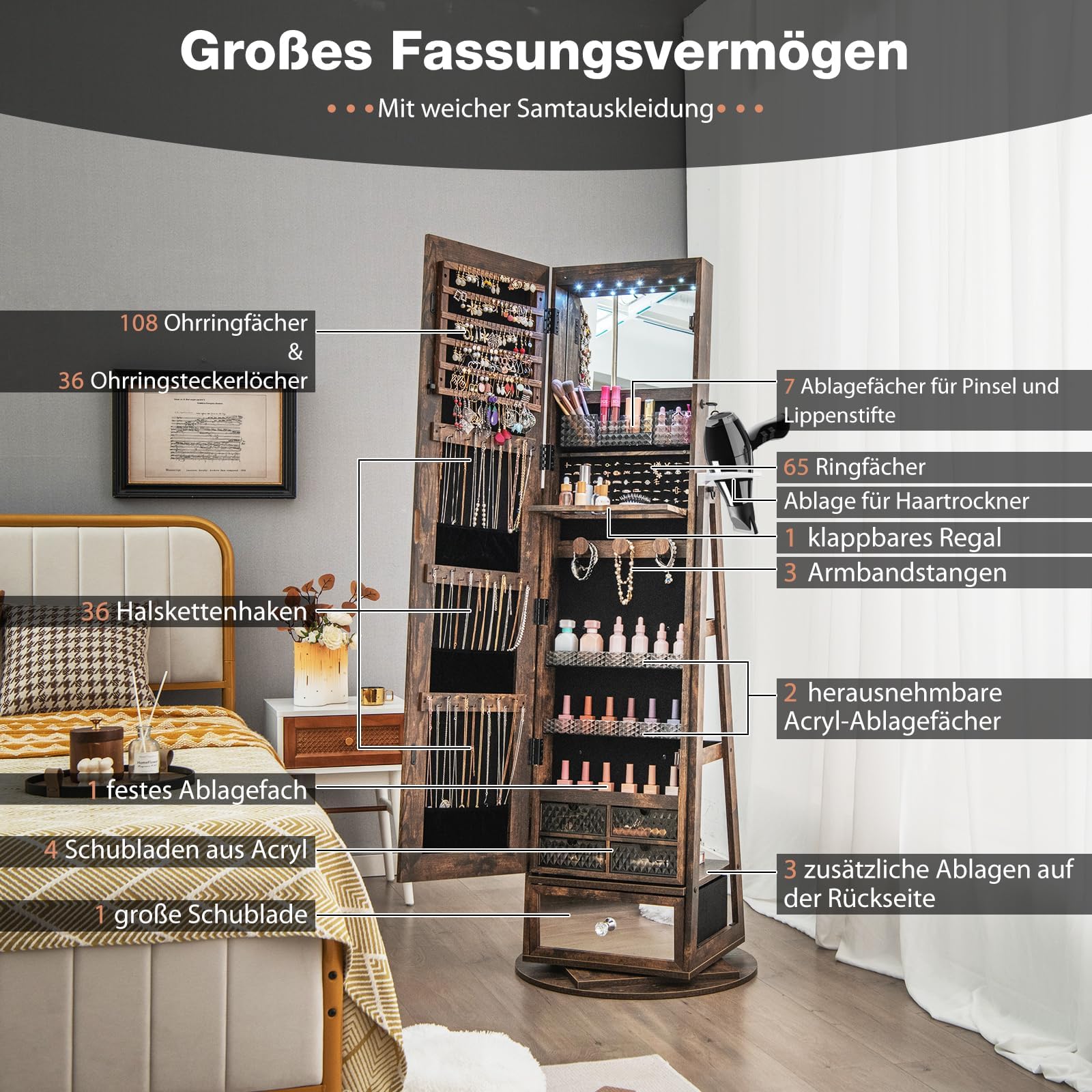 RELAX4LIFE Schmuckschrank 360° drehbar, 4-in-1 Spiegelschrank mit LED-Lichts & Schubladen & Regalen Schmuckaufbewahrung Ganzkörperspiegel, Schmuckständer abschließbar (Rustikales Braun)