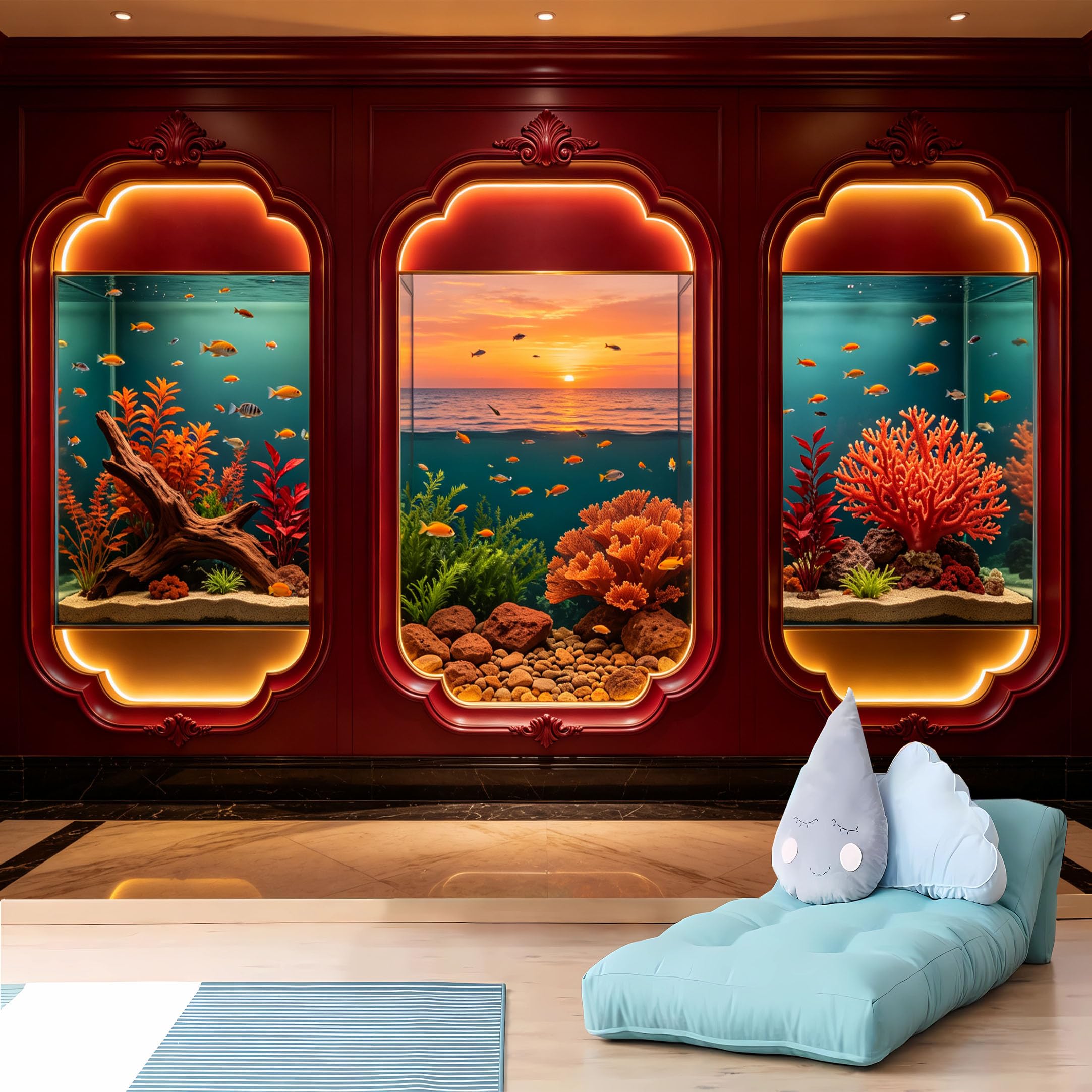 Custom Size Wall Murals 3D Red Ornate Aquarium Sunset View Full Wall Wall Murals Self-Adhesive Wall Fabric (NO PVC) Removable Wallpaper for Living Room