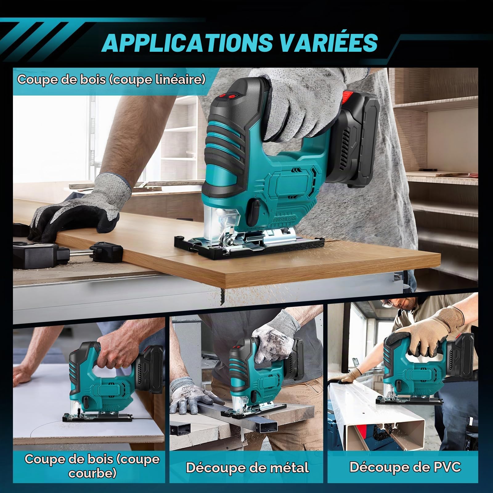 Scie sauteuse électrique avec 3 positions orbitales et coupes en biseau réglables à 45° Compatible avec les batteries 18 V pour la découpe du bois et du métal (Sans batterie)