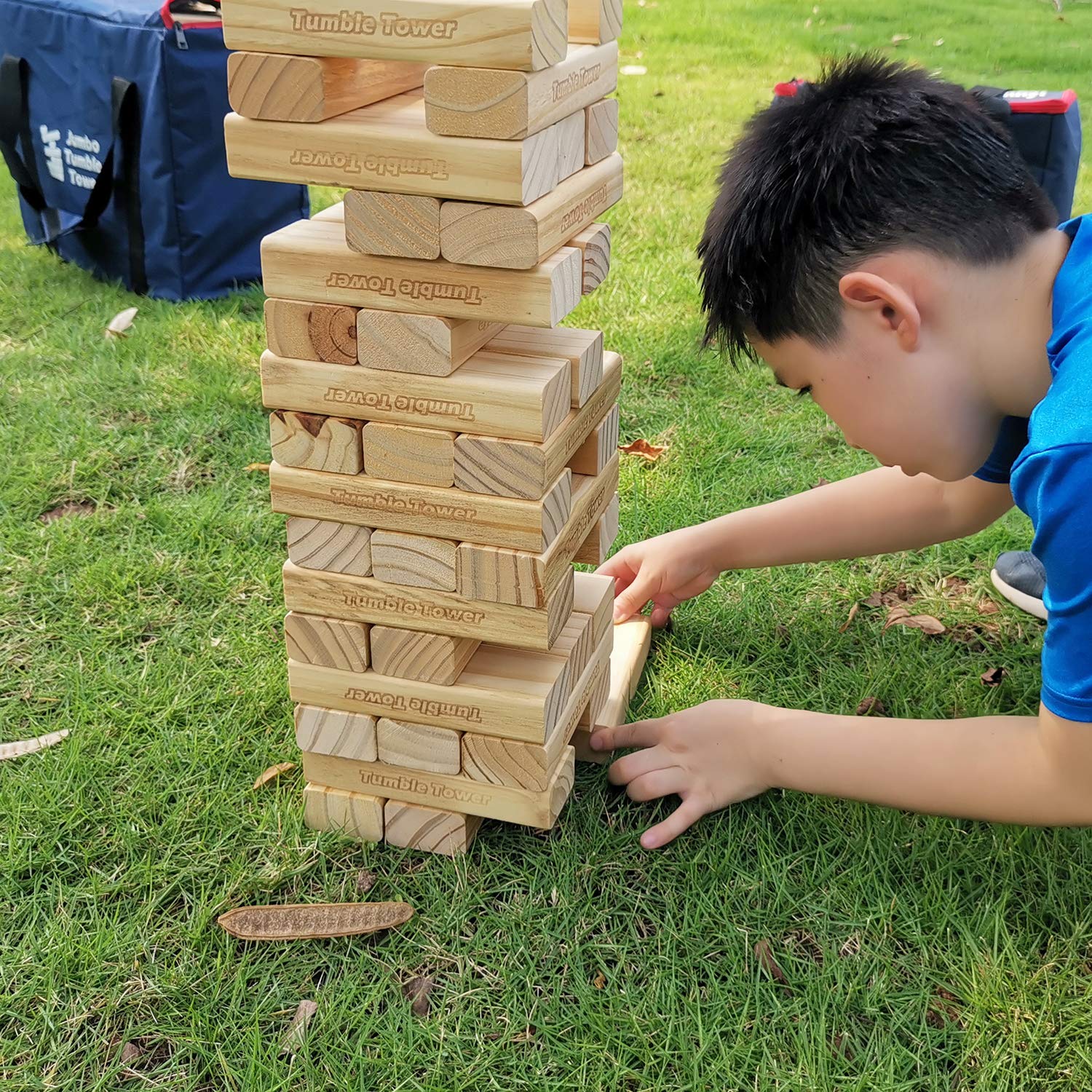 Jac & Mok Jumbo-Trommelturm-Spiel, 60 Stück, aus Holz, Spielzeug mit Tragetasche, hochwertiges Kiefernholz-Material (von 60 cm bis 150 cm)