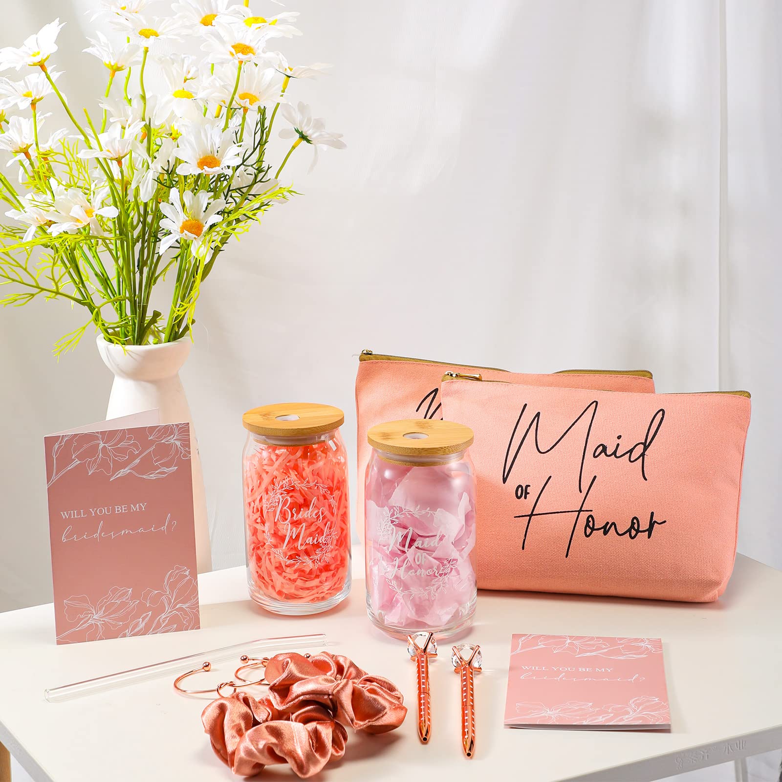 Irenare 36 Stück Brautjungfer-Antragsgeschenke, Brautparty-Geschenke, 473 ml, Glasbecher, Kosmetiktaschen, eingeladene Karten, Haargummi, Diamantstifte, Gastgeschenke für Hochzeit (Roségold)