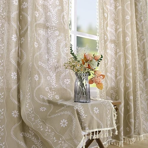 Boho Curtains for Living Room Tan Beige 63 Inches Long 2 Panel Semi Sheer Linen Floral Curtains Vintage Farmhouse Drapes for Dining Room Kitchen