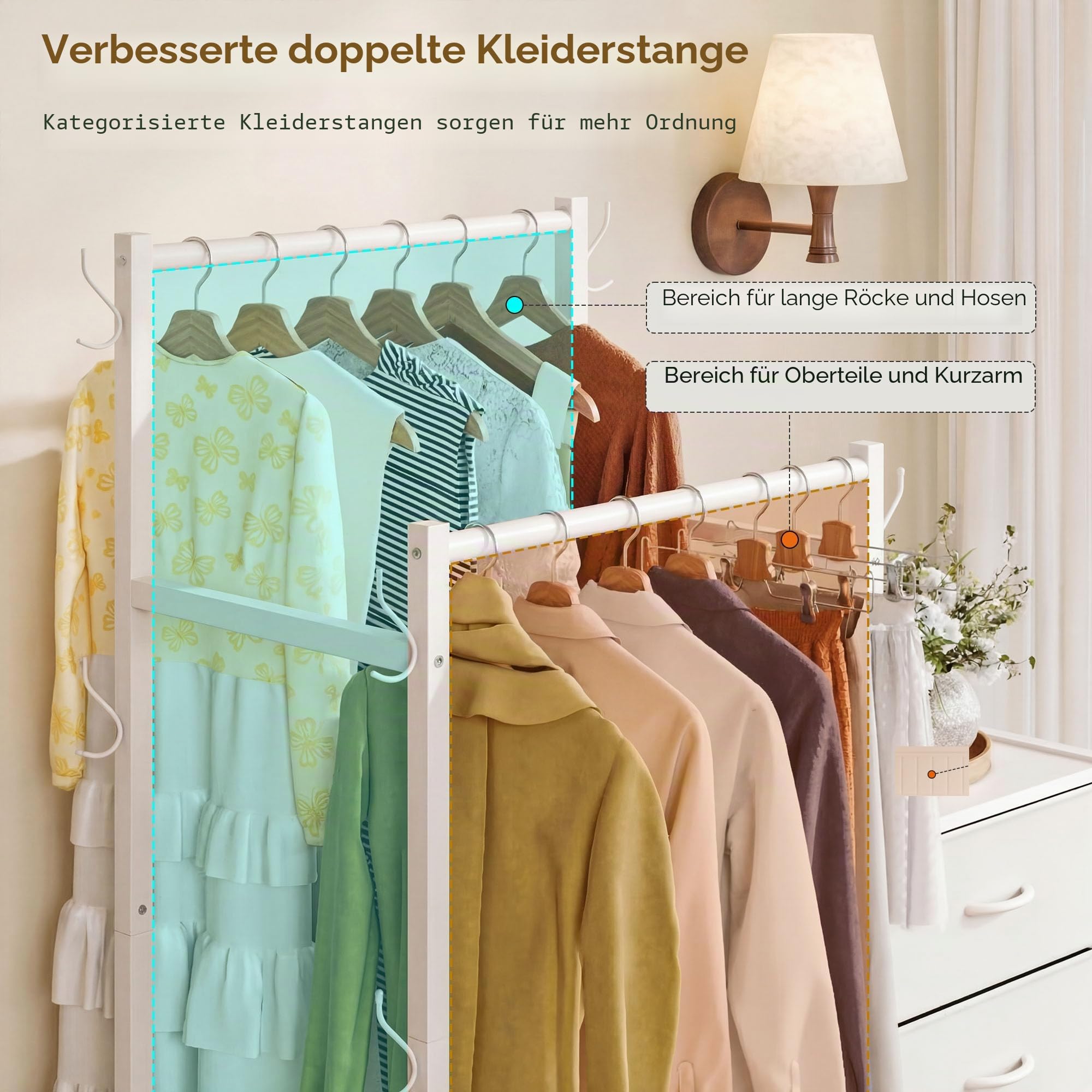 iPormis 3 in 1 Kommode Schlafzimmer, inklusive 4 Stoffschubladen, mit 2 Kleiderstange und 5 Kleiderhaken, das untere dreilagige Aufbewahrungsdesign kann Schuhe, Taschen, Kleidung und andere