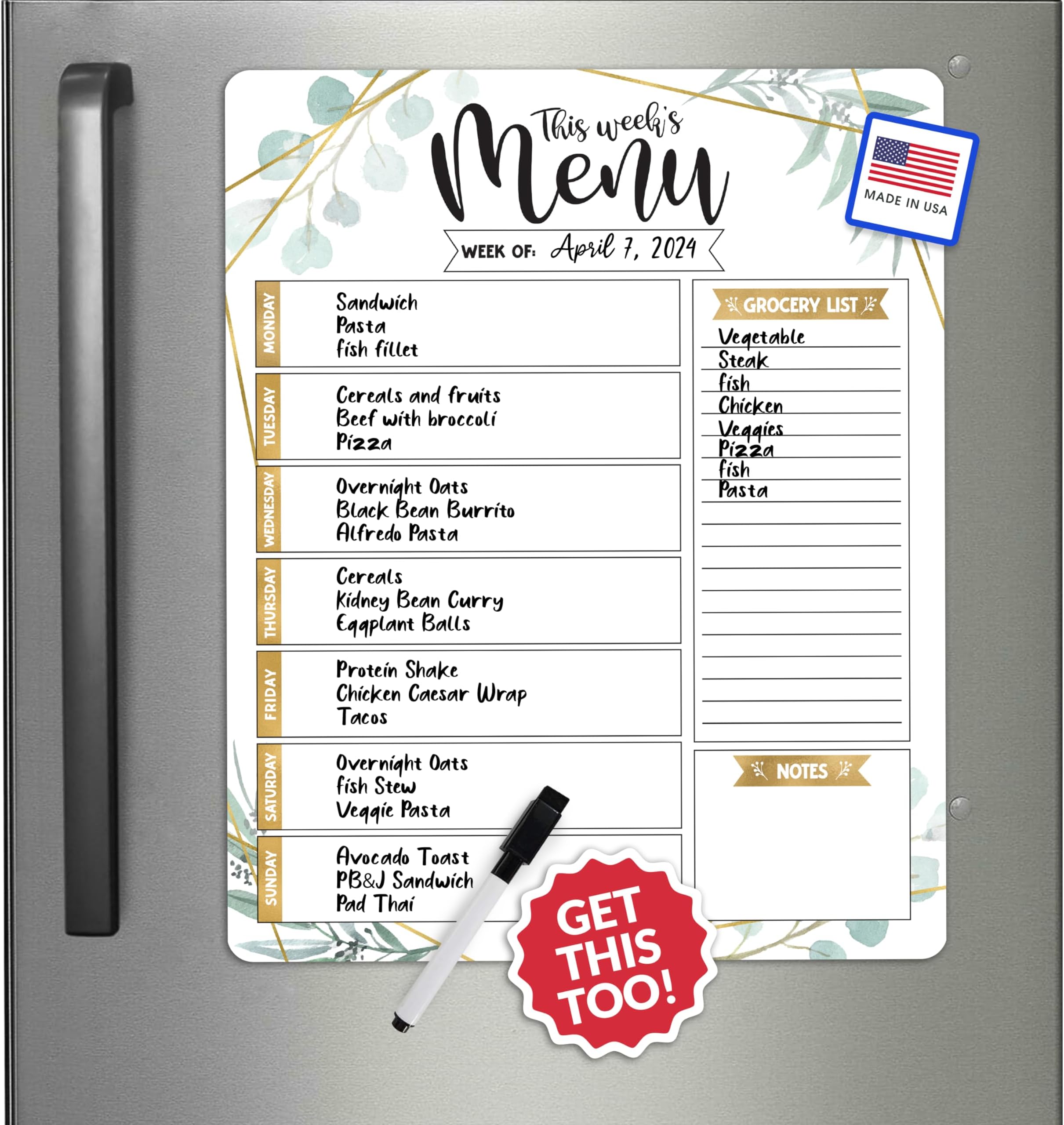 Hadley Designs Greenery Weekly Dinner Menu Board For Kitchen-Magnetic Meal Planner For Refrigerator, Weekly Menu Board Meal Planner, Dry Erase Board