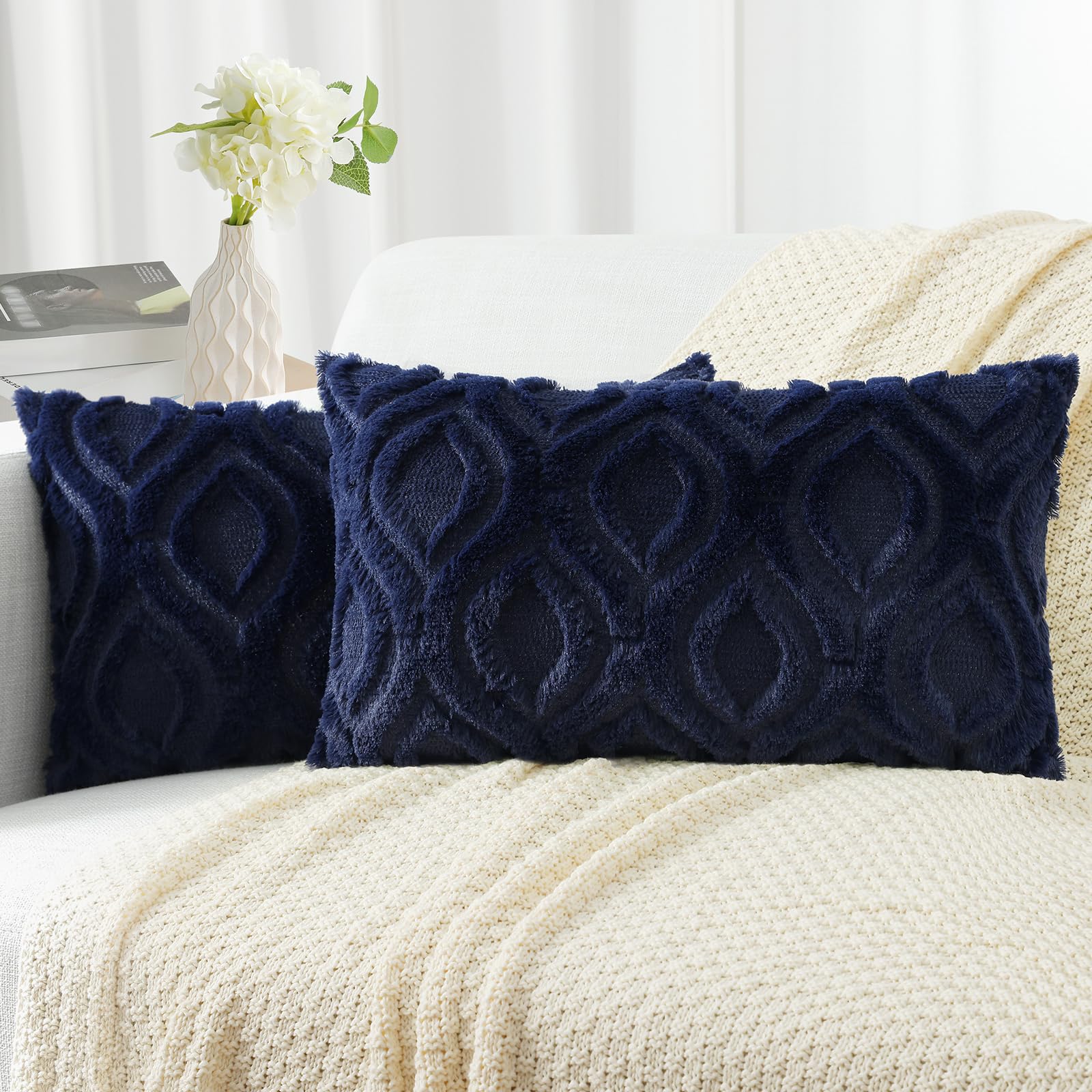 decorUhome Faux Fur Plush Soft Navy Blue Throw Pillow Covers 12x20 Set of 2