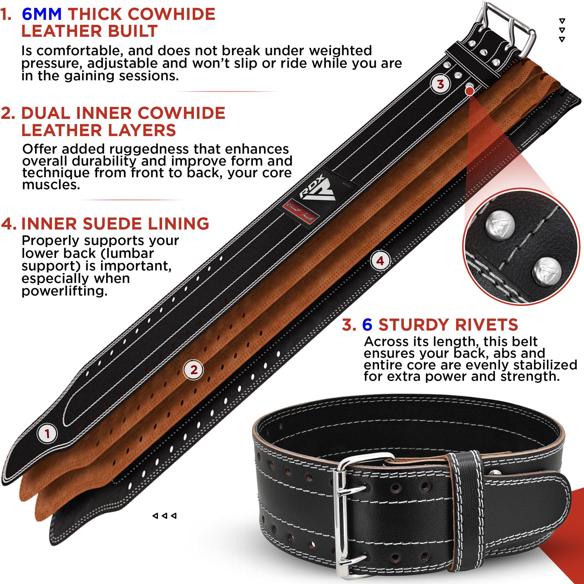 RDX 4” Cintura Palestra Sollevamento Pesi, Vacchetta Pelle 6 mm Spessore, IPL USPA Approvato, Schiena Lumbare Supporto 12 Regolabile Fori Powerlifting Bodybuilding Fitness Gym Allenamento, Uomo Donna