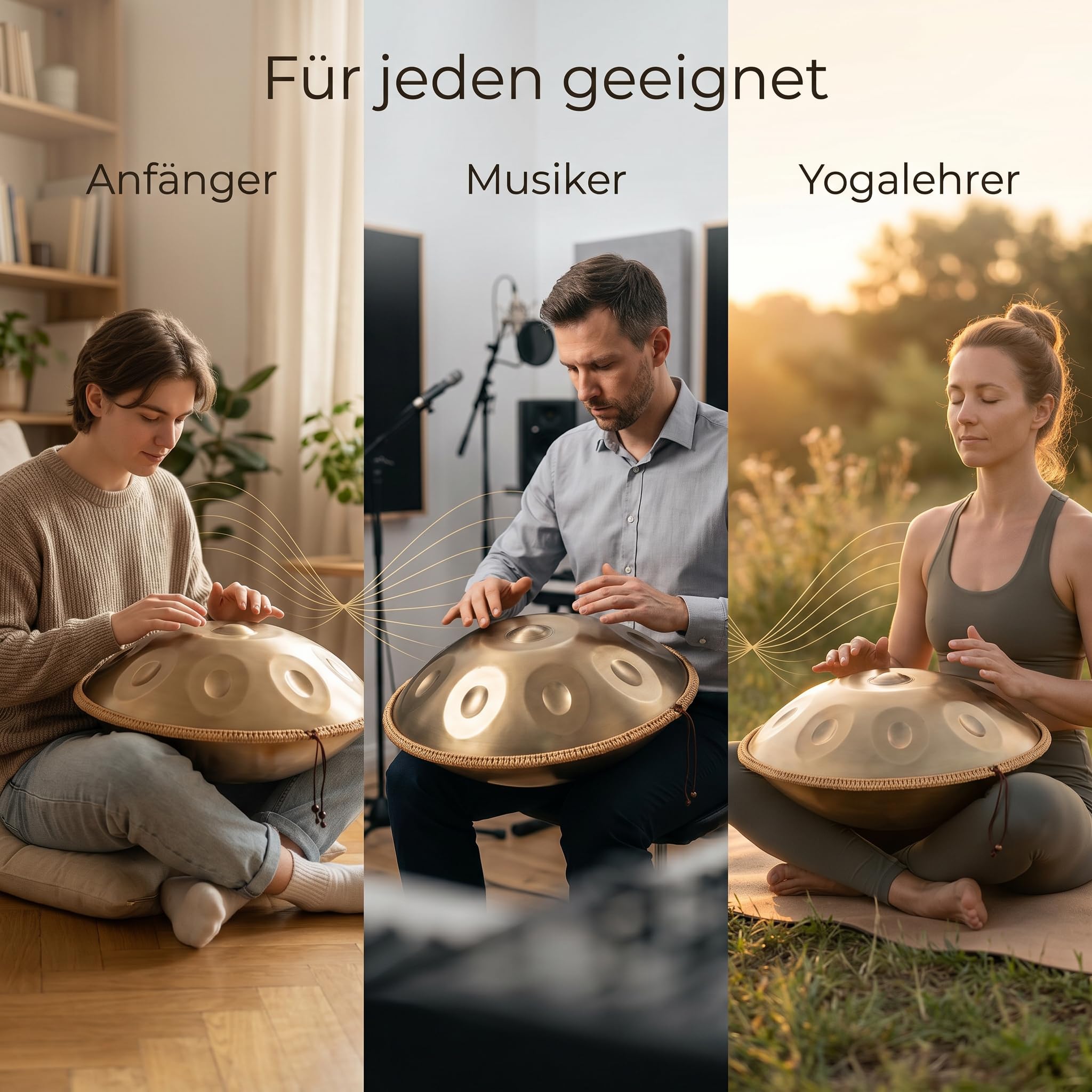 Handpan 22 Zoll 12 Töne D-Kurd 440Hz Gold Trommel Set für Meditation Yoga Klangheilung Legierter Stahl inkl Tasche Ständer Schlägel Reinigungstuch Notenaufkleber