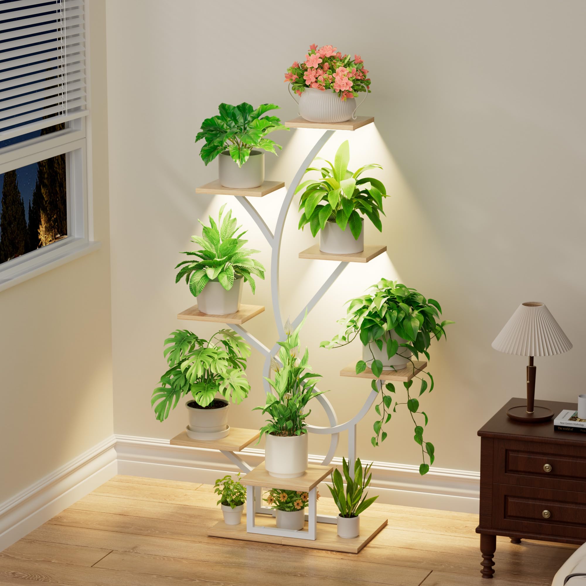 BACEKOLL Soporte para plantas con luz de crecimiento - 8 niveles, soporte para flores de 126 cm, metal y madera, estantería para plantas - para interior y exterior, escalera para flores - Blanco