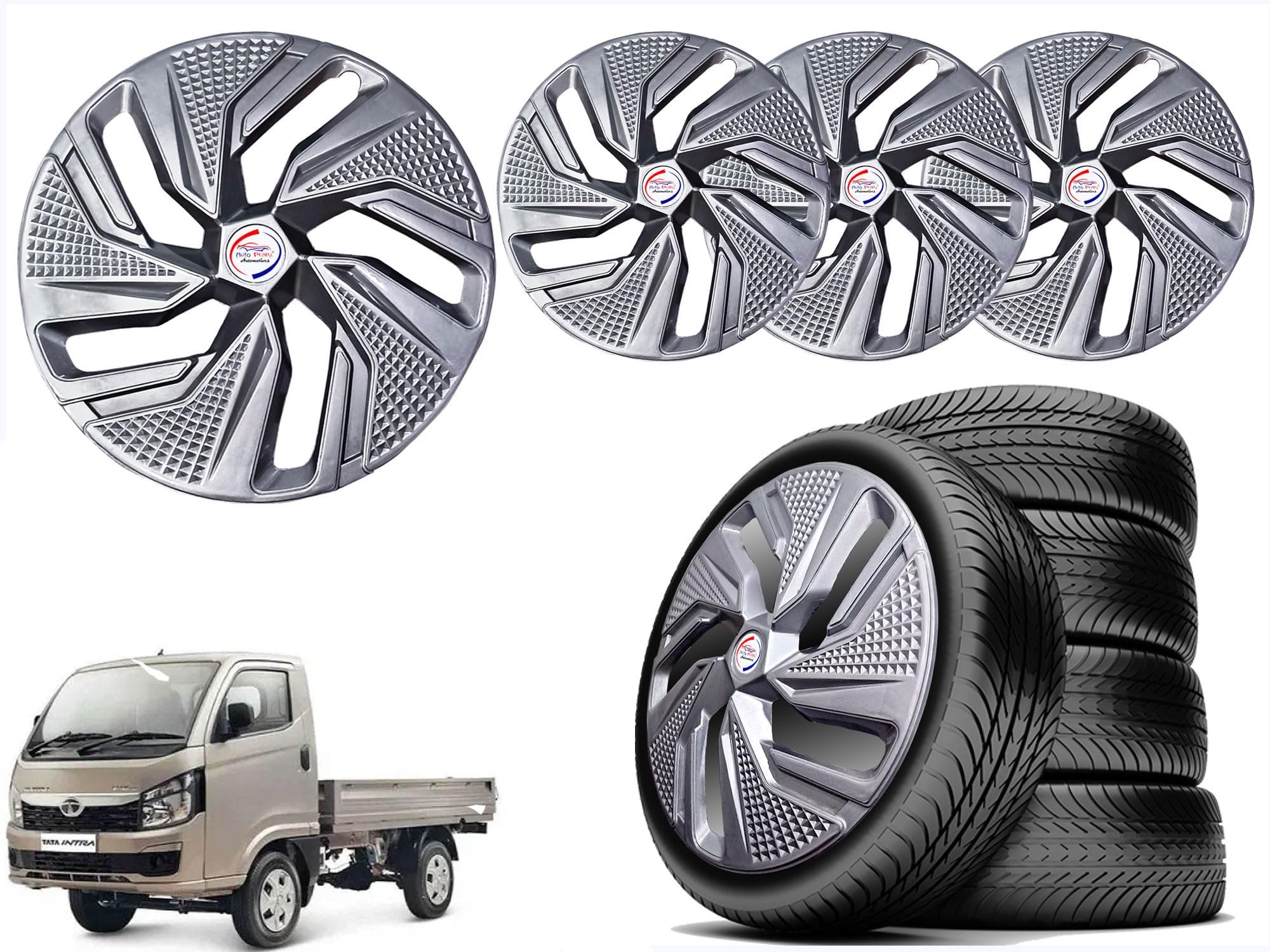 AUTO PEARL 14' inch Press Type Wheel Hubcap (Thunder) with Retention Ring |Compatible with Intra V10|Color: Full Silver