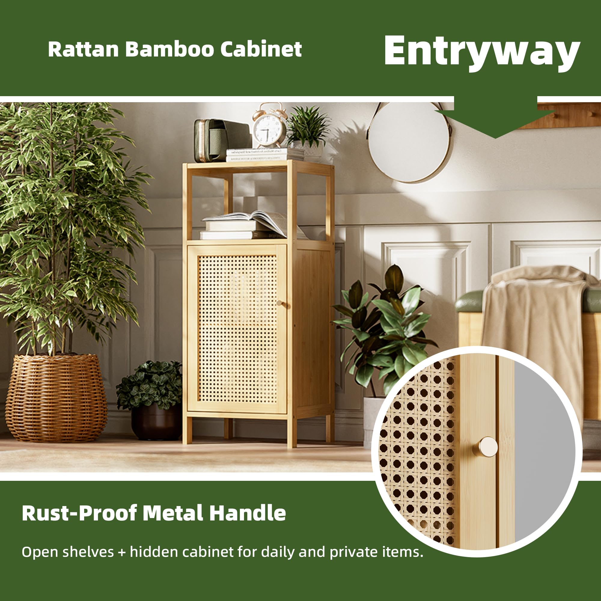 Armoire au Sol en Bambou, Rangement pour Salle de Bain avec Porte en Rotin et 1 Étagère, Petit Placard Latéral en Bois pour Entrée, Buanderie, Cuisine ou Salon (Naturel)