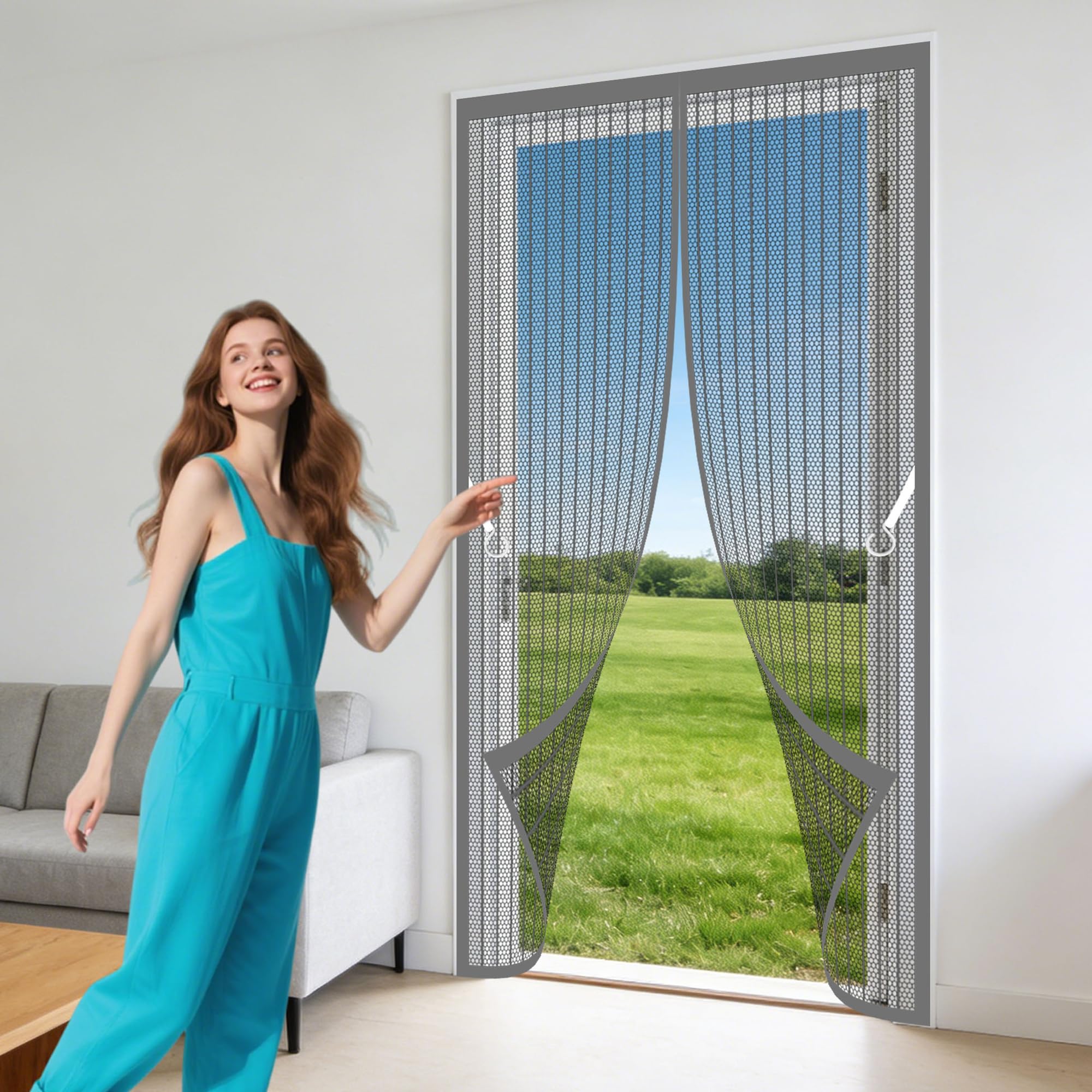 Magnetic Door Curtains Fly Screen 73 x 282 cm Automatically Closes Magic Paste Curtains Keep Bugs Out Lets Fresh Air Suitable for Patio Room Balcony Bedroom, Grey