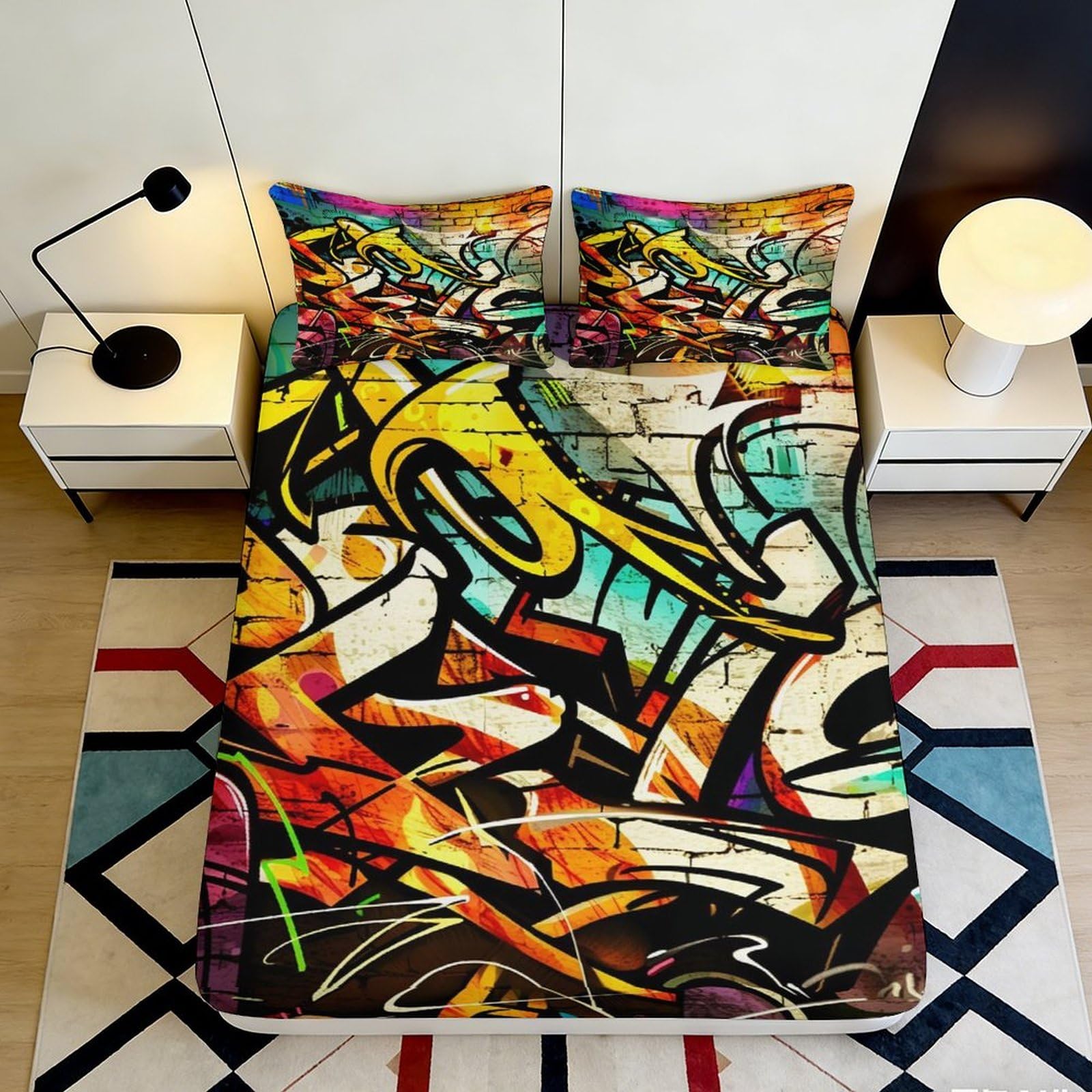 3D Printed Graffiti Art Fitted Sheet Microfiber Soft Breathable Urban Street Style Bed Cover for Bedroom Dorm Mattress Protection Decor 160x200x25cm