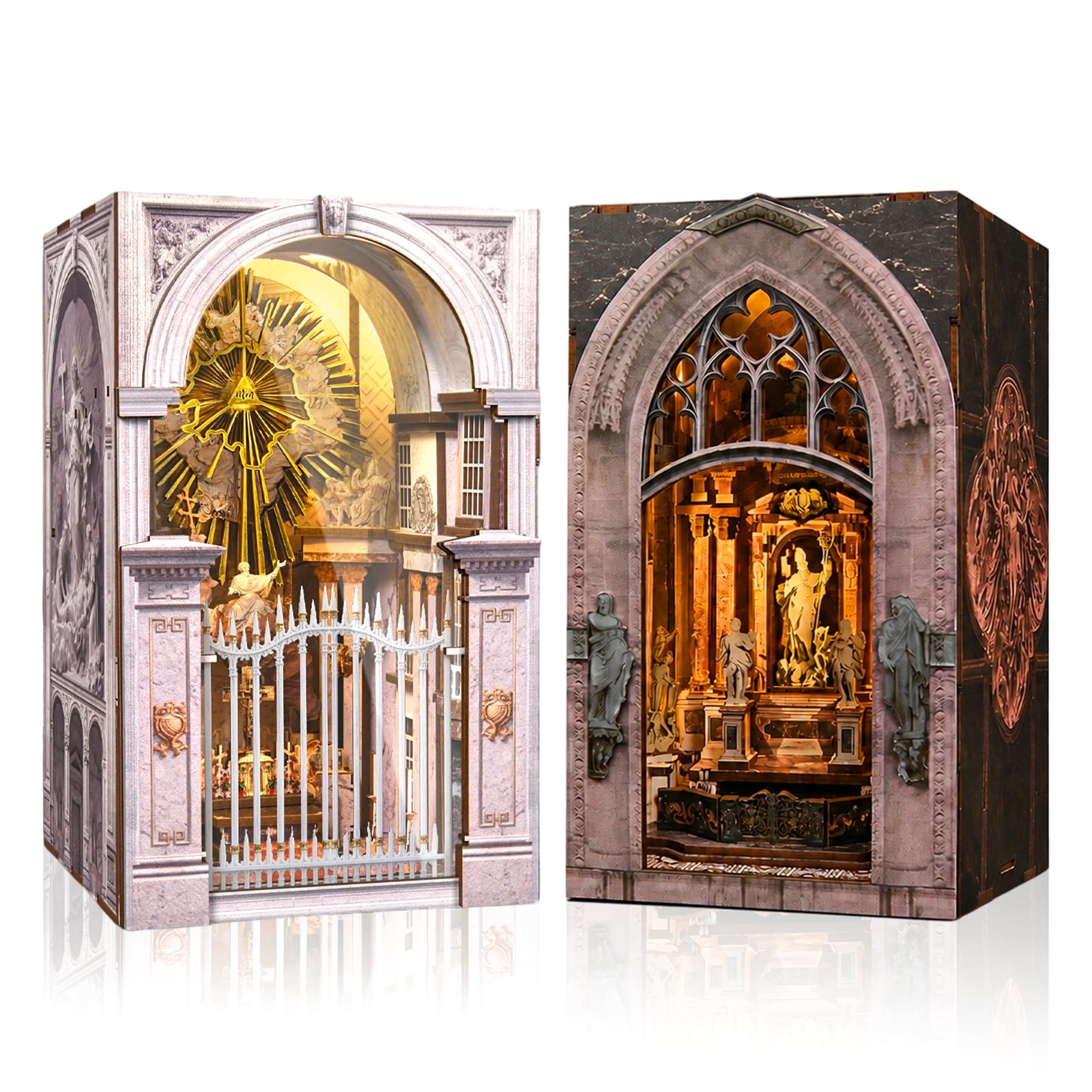 MiniCity 2 in 1 Book Nook Kit Bundle, LED Lighted 3D Wooden Puzzle Bookshelf Insert, Mini Dollhouse Diorama Building Kit, Creative Hobby Gift for Adults & Teens (Duomo di Mliano & St. Charles Church)