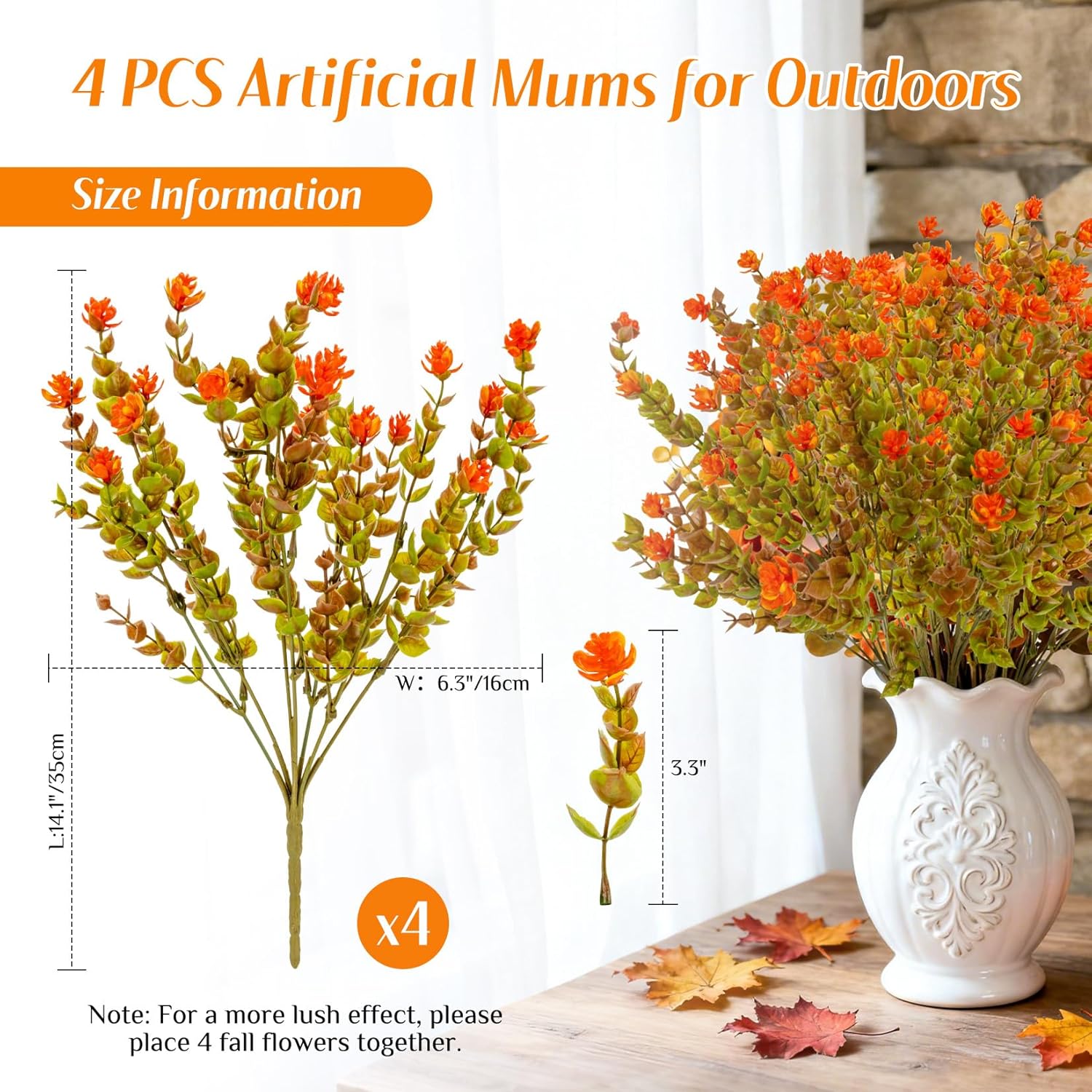 Artificial Fall Flowers for Outdoors - 4PCS Faux Autumn Plants, UV Resistant Fake Eucalyptus Stems with 84 Mini Orange Camellia for Vase Christmas Thanksgiving Wedding Party Garden Decor - Image 2