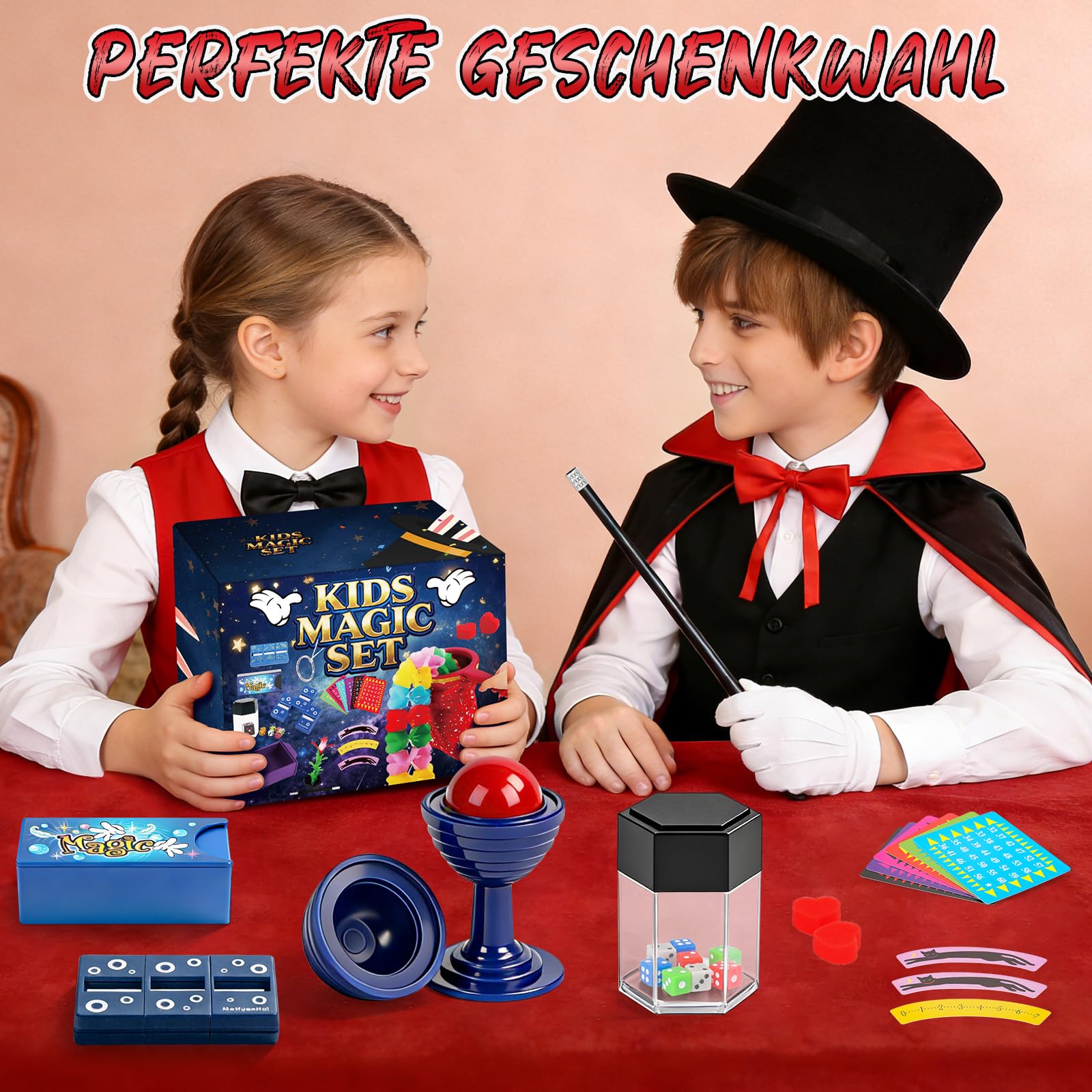BuzzoXerex Zauberkasten Zaubertricks, Zauberer Kostüm Kinder, Zauberkasten Kinder ab 6 mit Zauberhut, Zauberumhang, Fliege und Zauberrequisiten, Kindergeschenk für Jungen und Mädchen für Karneval