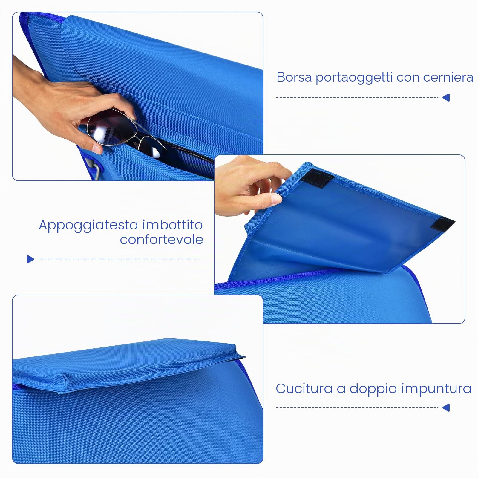 GIANTEX Set di 2 Materassi da Spiaggia Pieghevoli e Tavolino, Sedie a Sdraio da Spiaggia Regolabili in 5 Posizioni con Poggiatesta Rimovibile, Tasca per Giardino, Campeggio (Blu)
