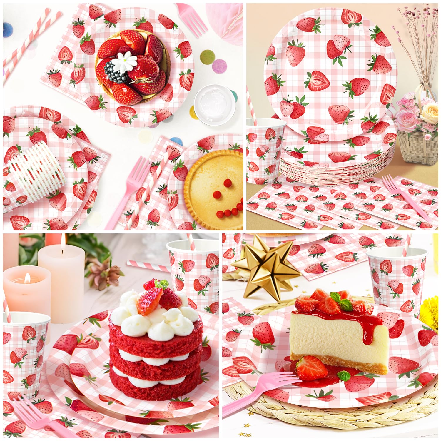 Obussgar Kit Décoration Anniversaire Fraise 20 Personnes - Toile Fond, Ballons, Assiettes, Serviettes, Nappe Thème Fraise