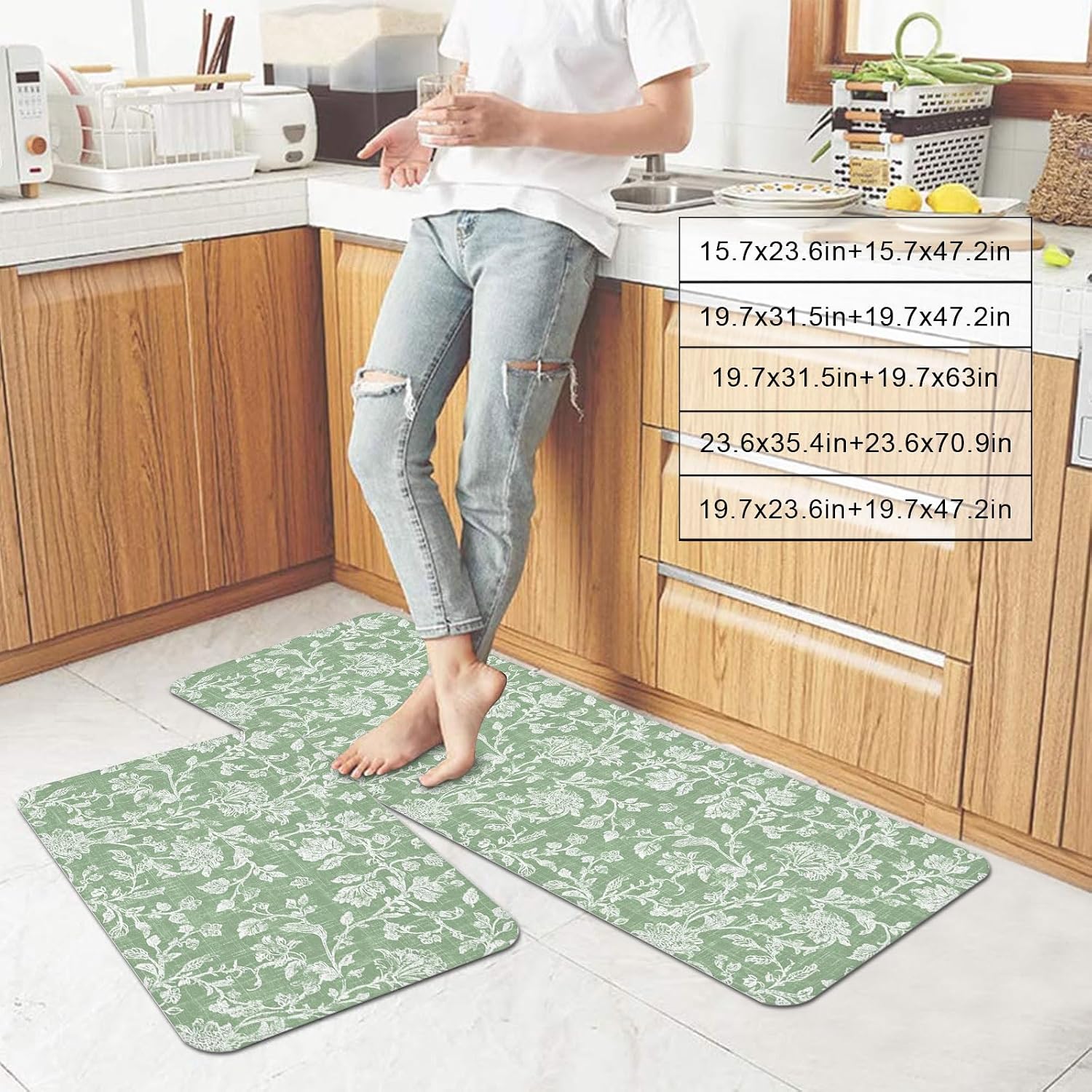 Sage Green Flower Kitchen Mats Set of 2 Pastoral White Plant Petal Leaf Rustic Linen Non Slip Mat Washable Floor Rug for Kitchen Sink Floor Laundry, 19.7"x31.5"+19.7"x47.2"