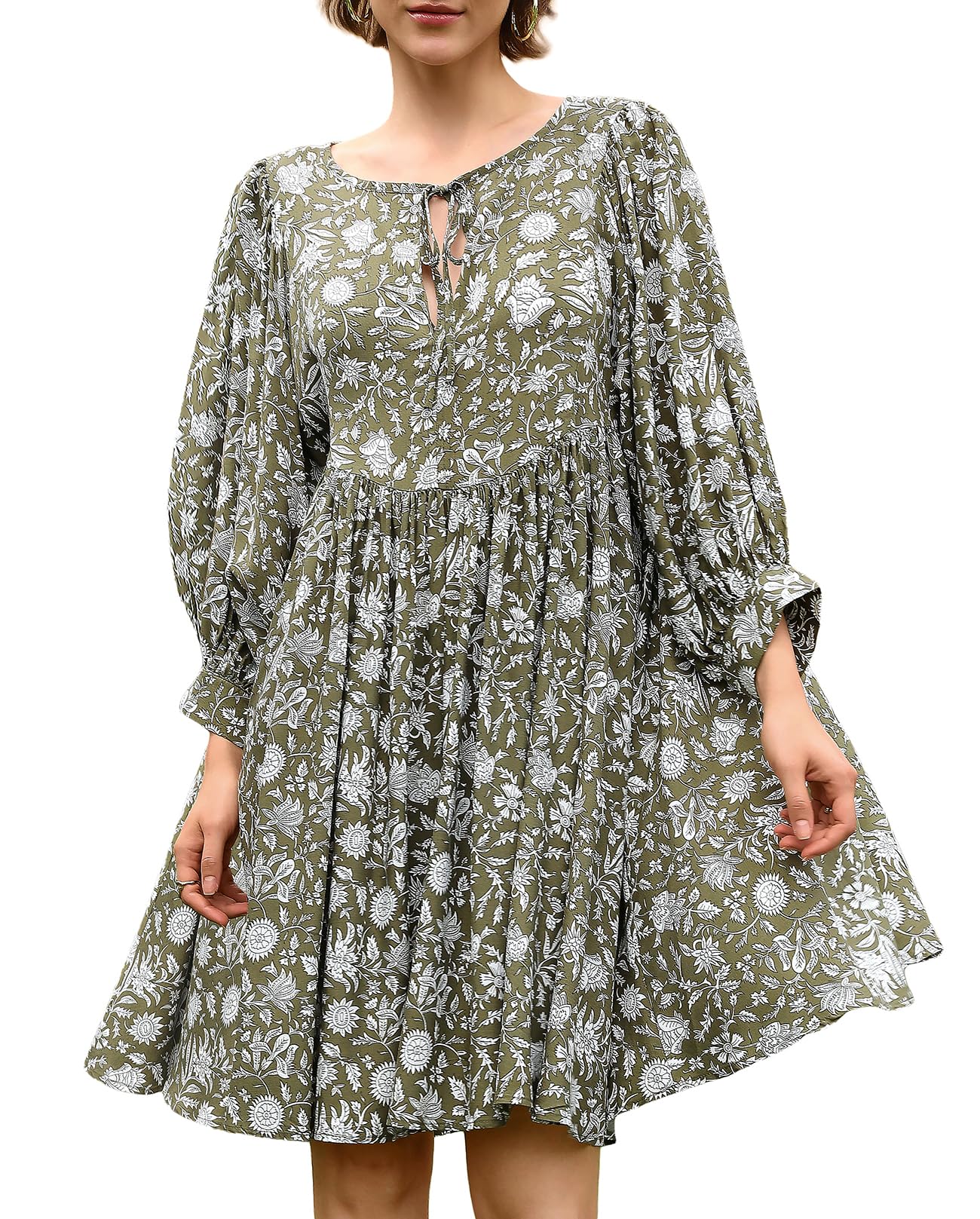 Womens Summer Boho Floral V‑Neck 3/4 Sleeve Babydoll Swing Mini Beach Dress