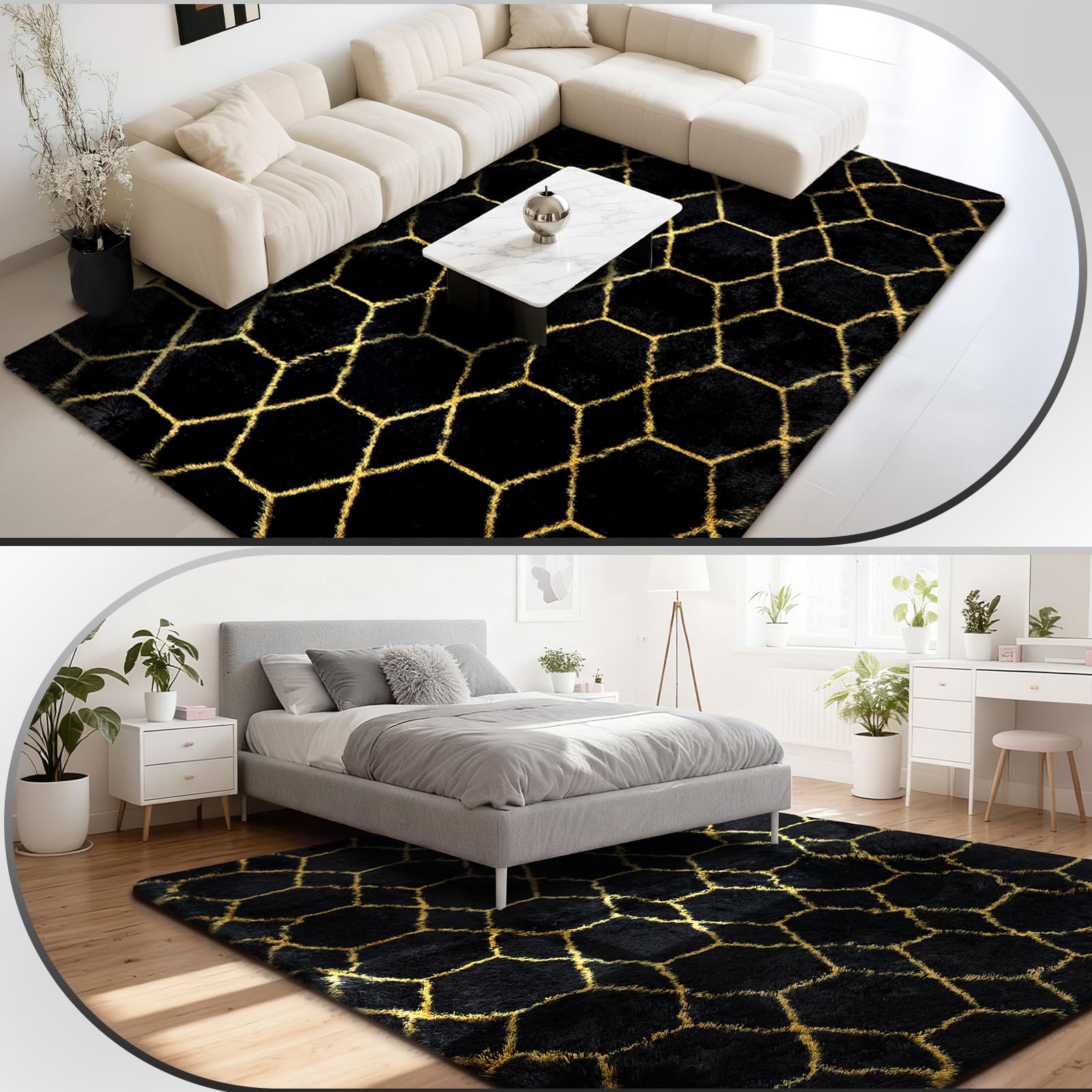 Hochflor Teppich Wohnzimmer 200x300 cm, Schwarz Gold Geometrisch