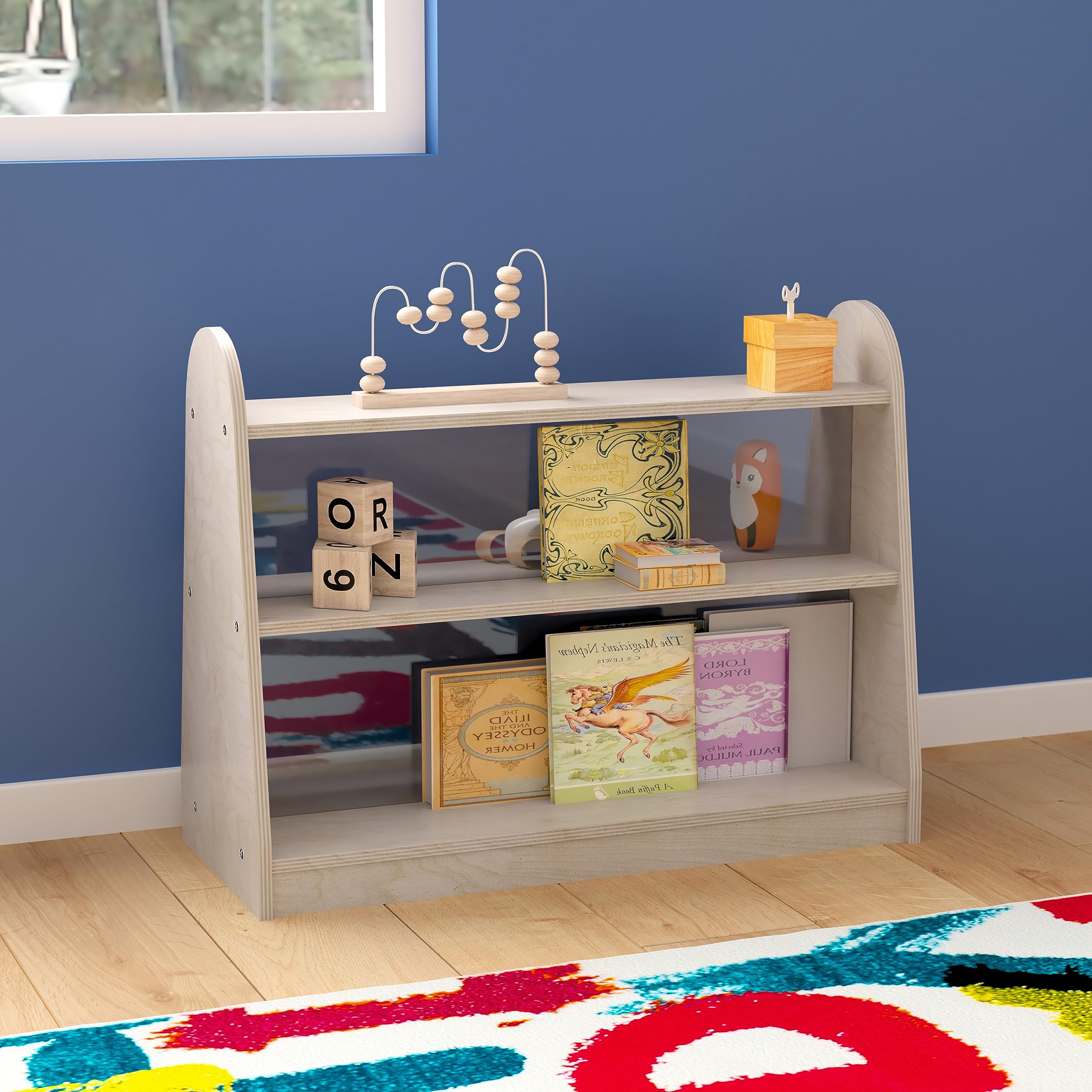 Classroom Essentials Commercial Grade 3 Shelf Double Sided Wooden Classroom Storage Unit with Clear Plastic Divider, Safe, Kid Friendly Design, Natural