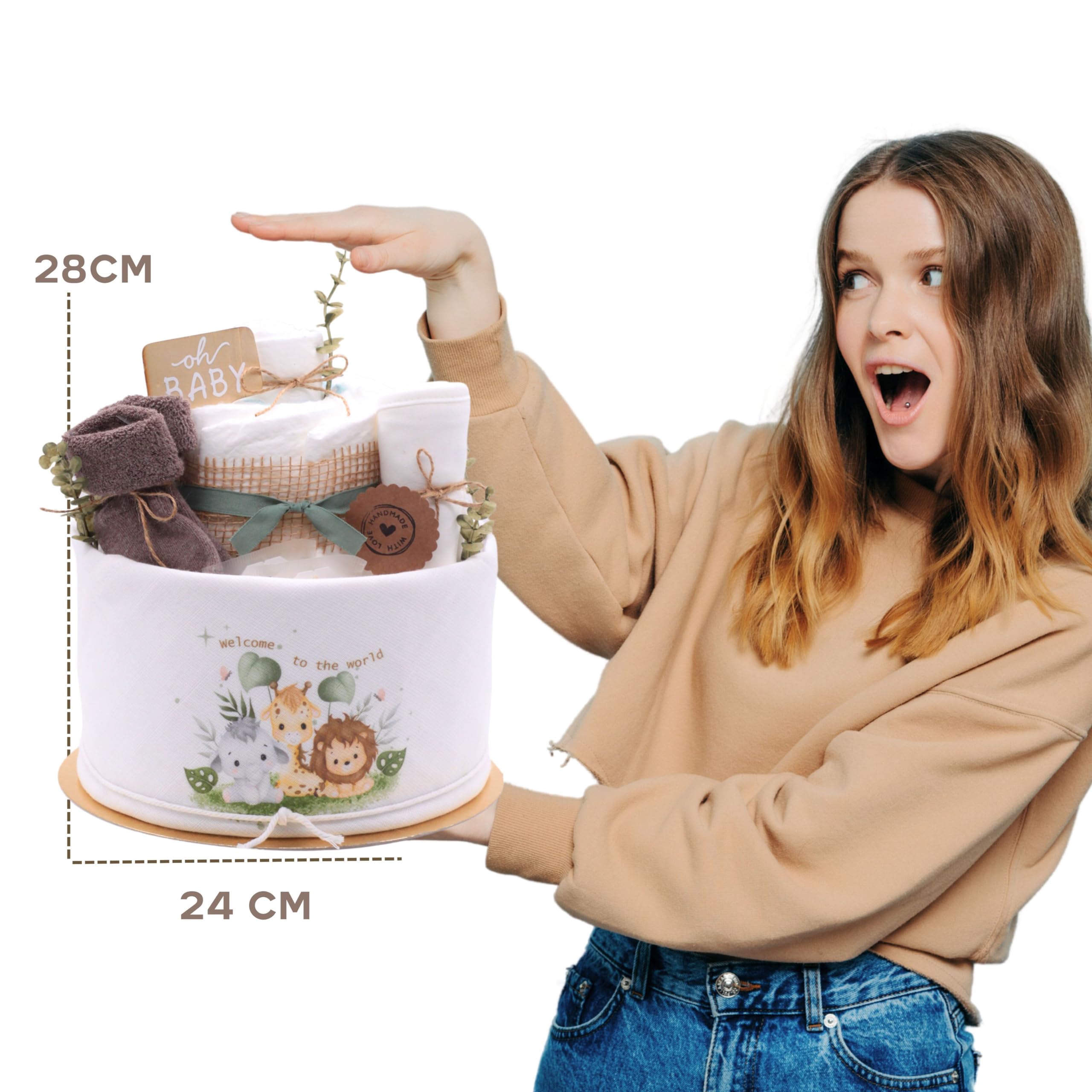 Trend Mama® | Musselin Windeltorte | 27 Windeln (Gr.2), Musselintuch, Baby Lätzchen, Babysocken | Baby Party Geschenk (Welcome to the World | Jungle)