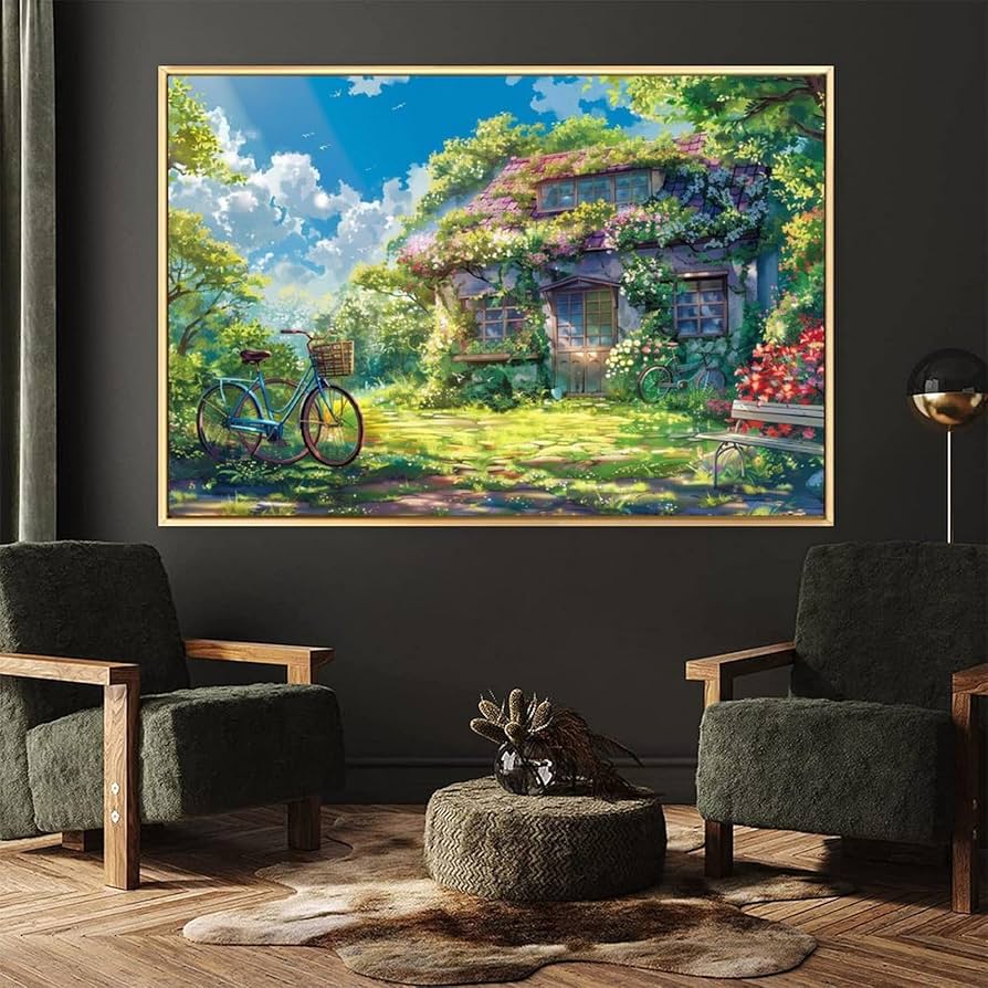 絵画 インテリア 絵 額付(青緑＋金色の枠) 油絵 F6-030707 田園風景 絵画インテリア絵 額付( 青緑＋金色の枠 )油絵 F6-030707 田園風景