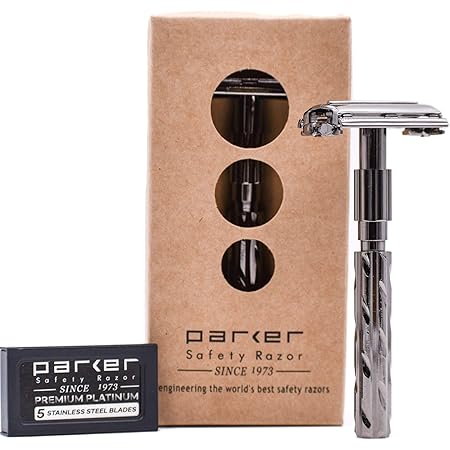 Parker 22R - Gunmetal Finish Butterfly Open Safety Razor and 5 Parker Razor Blades