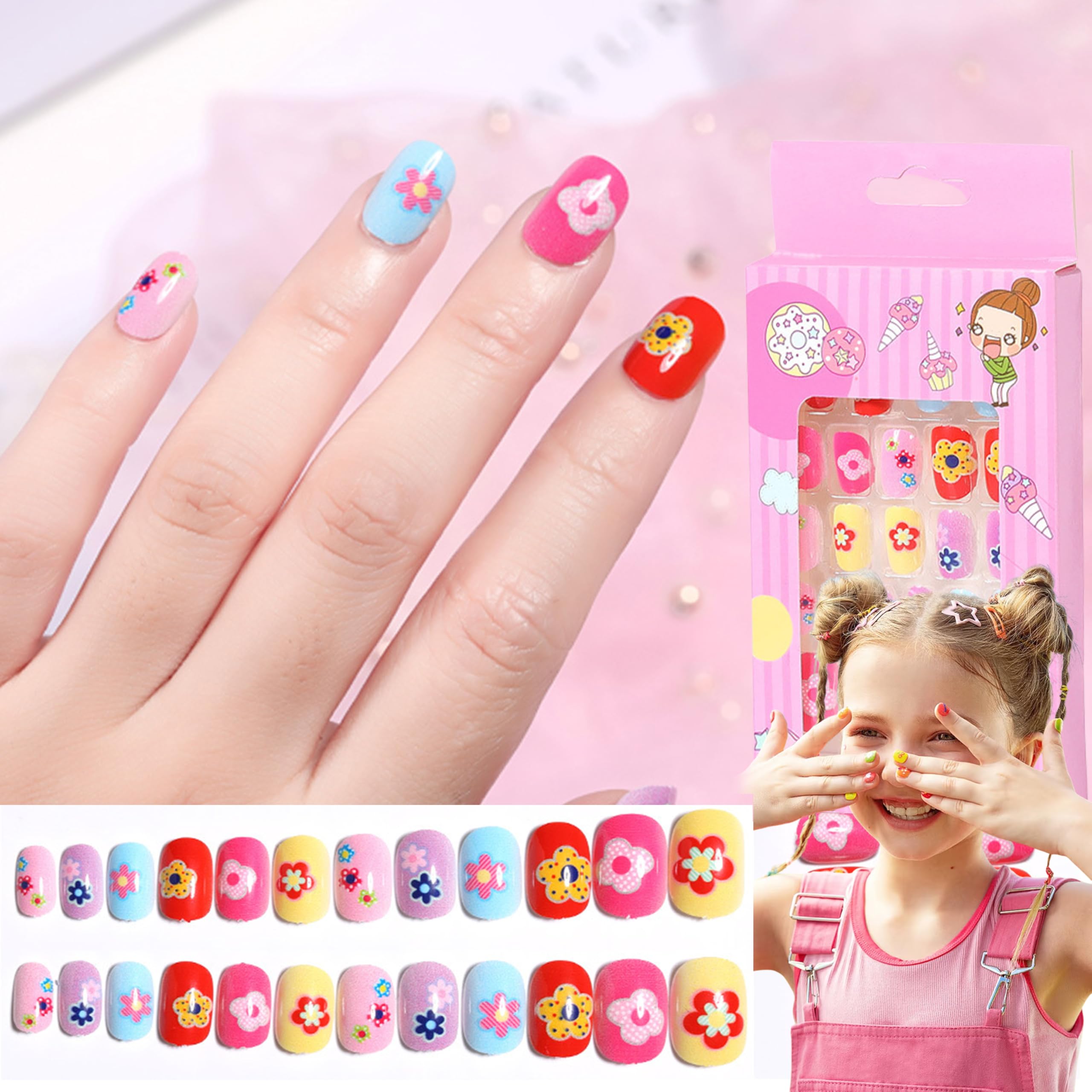 24 Stck Press On Nails Set - Ngel Zum Aufkleben Kurz fr Kinder,  Selbstklebende Knstliche Fingerngel Set Falsche Kunstngel fr Mdchen  Kleinen Hnden Damen, Children's Nail Tips (Bunt B) : Amazon.de: Kosmetik