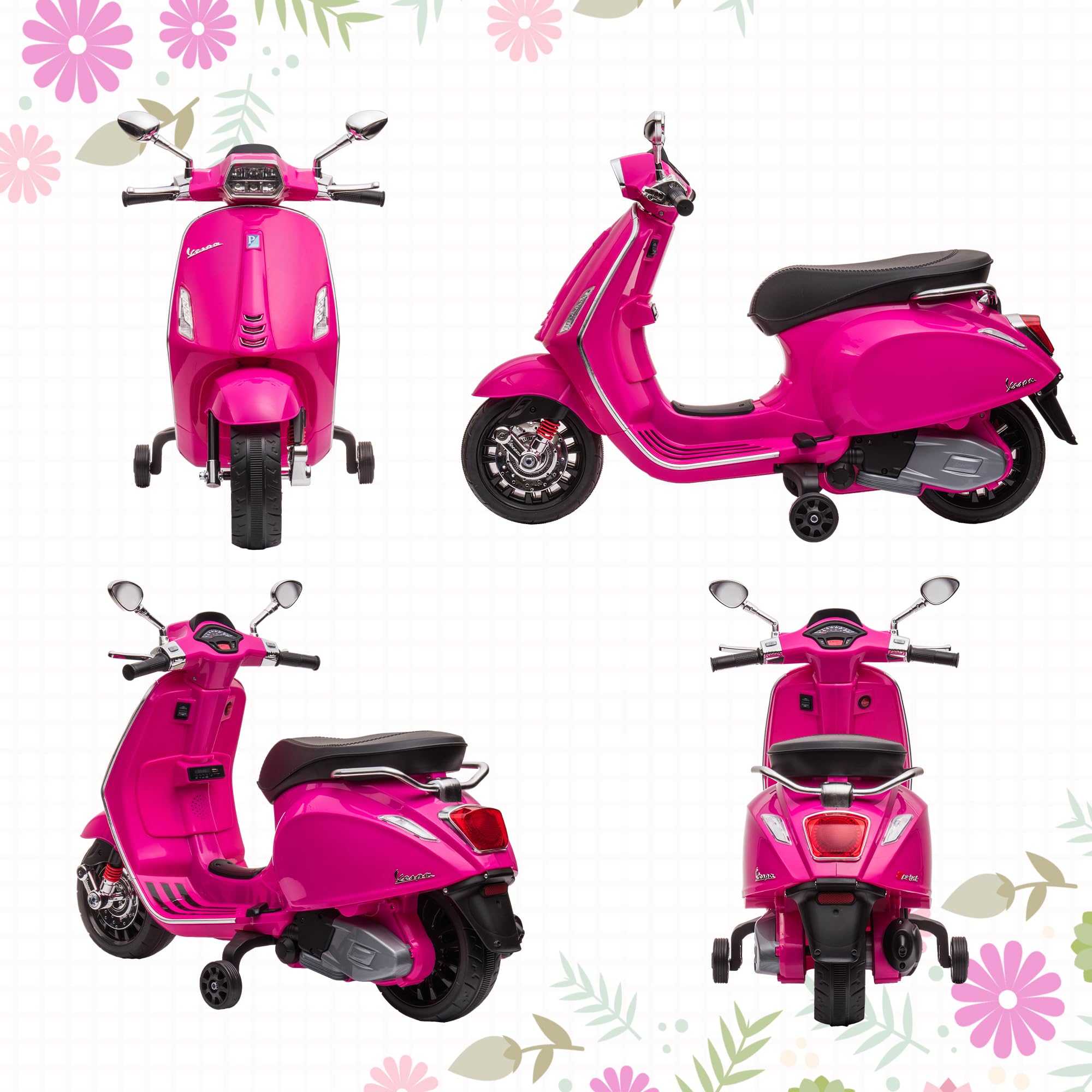 AIYAPLAY Scooter électrique Enfant Vespa 6 V Moto électrique pour Enfants 3-6 Ans dim. 107L x 47l x 73H cm Musique MP3 Port USB Radio FM Phare 2 Roues d'entraînement - Rose