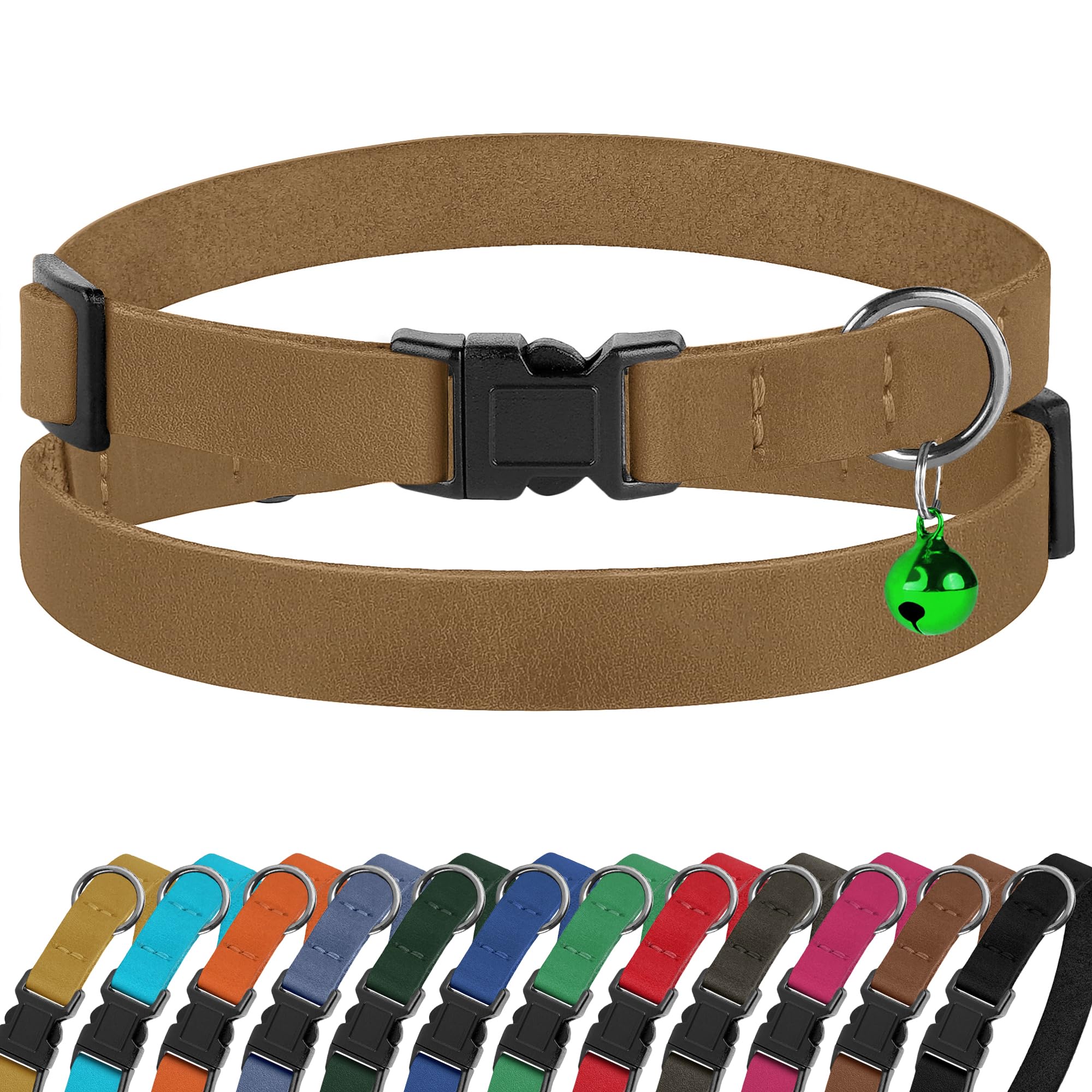 Breakaway Cat Collar Leather with Removable Bell - 13 Colors Available - Soft Adjustable Girl Boy Safety Lightweight Pet Kitten Collars Pink Brown Blue Green Red Orange Black (Brown)