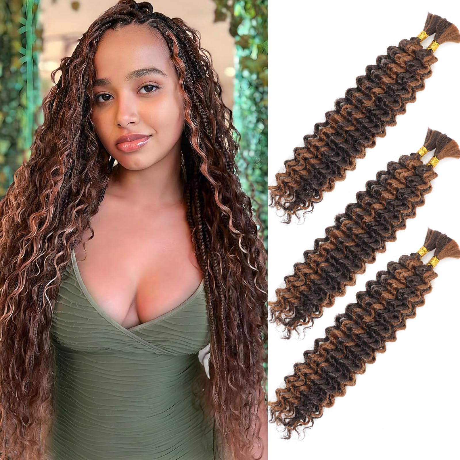Deep Wave Bulk Hair for Braiding 18 Inch No Weft Deep Wave Bundles Curly Braiding Hair Extensions for Boho Braids and Wavy Braiding Hair 2 Braids per Pack P4/30# 22 Inch 3 Pack